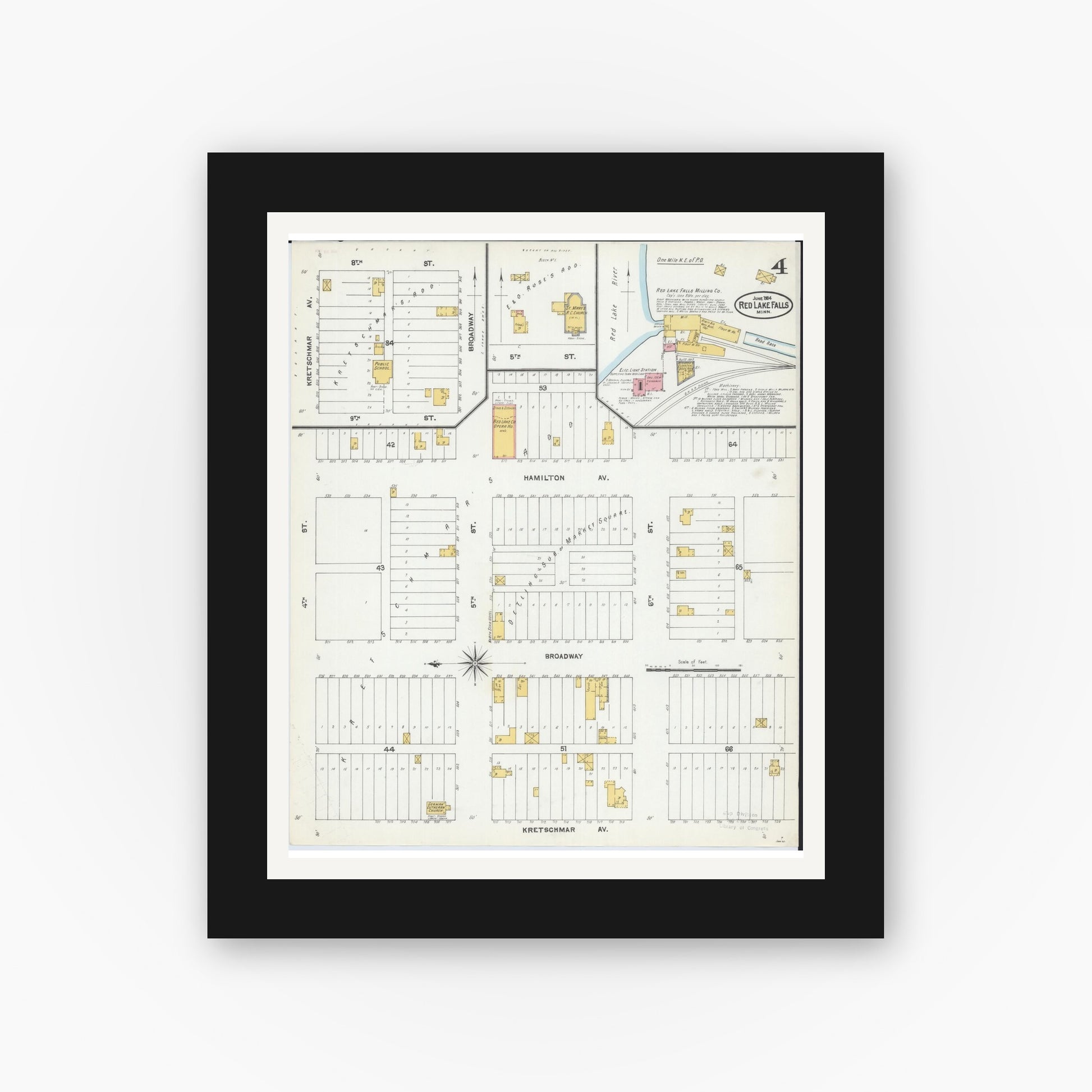 Old map wall art mockup — black gallery frame with white mat — Sanborn Fire Insurance Map from Red Lake Falls, Red Lake County, Minnesota (1904), Sheet #0004