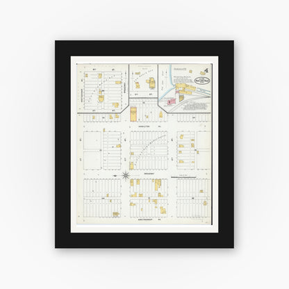 Old map wall art mockup — black gallery frame with white mat — Sanborn Fire Insurance Map from Red Lake Falls, Red Lake County, Minnesota (1904), Sheet #0004