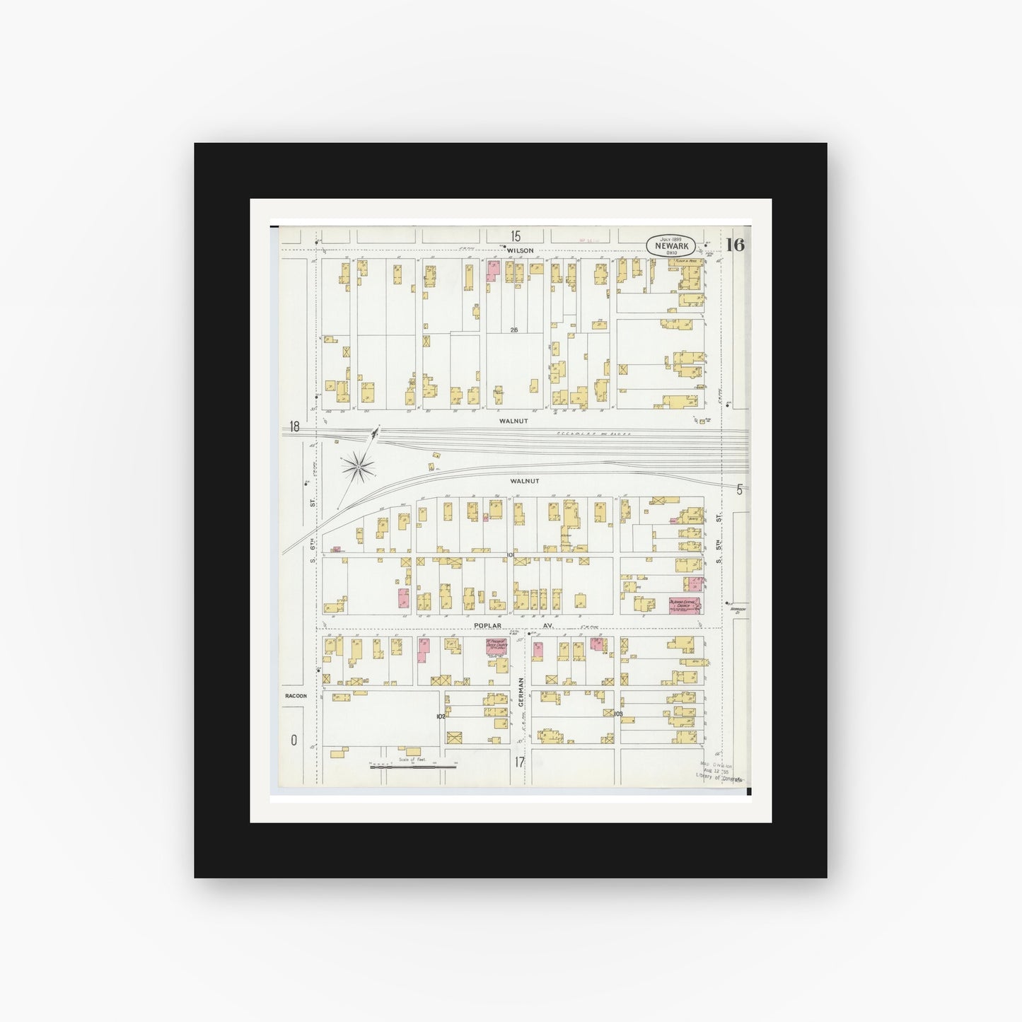 Old map wall art mockup — black gallery frame with white mat — Sanborn Fire Insurance Map from Newark, Licking County, Ohio (1899), Sheet #0016
