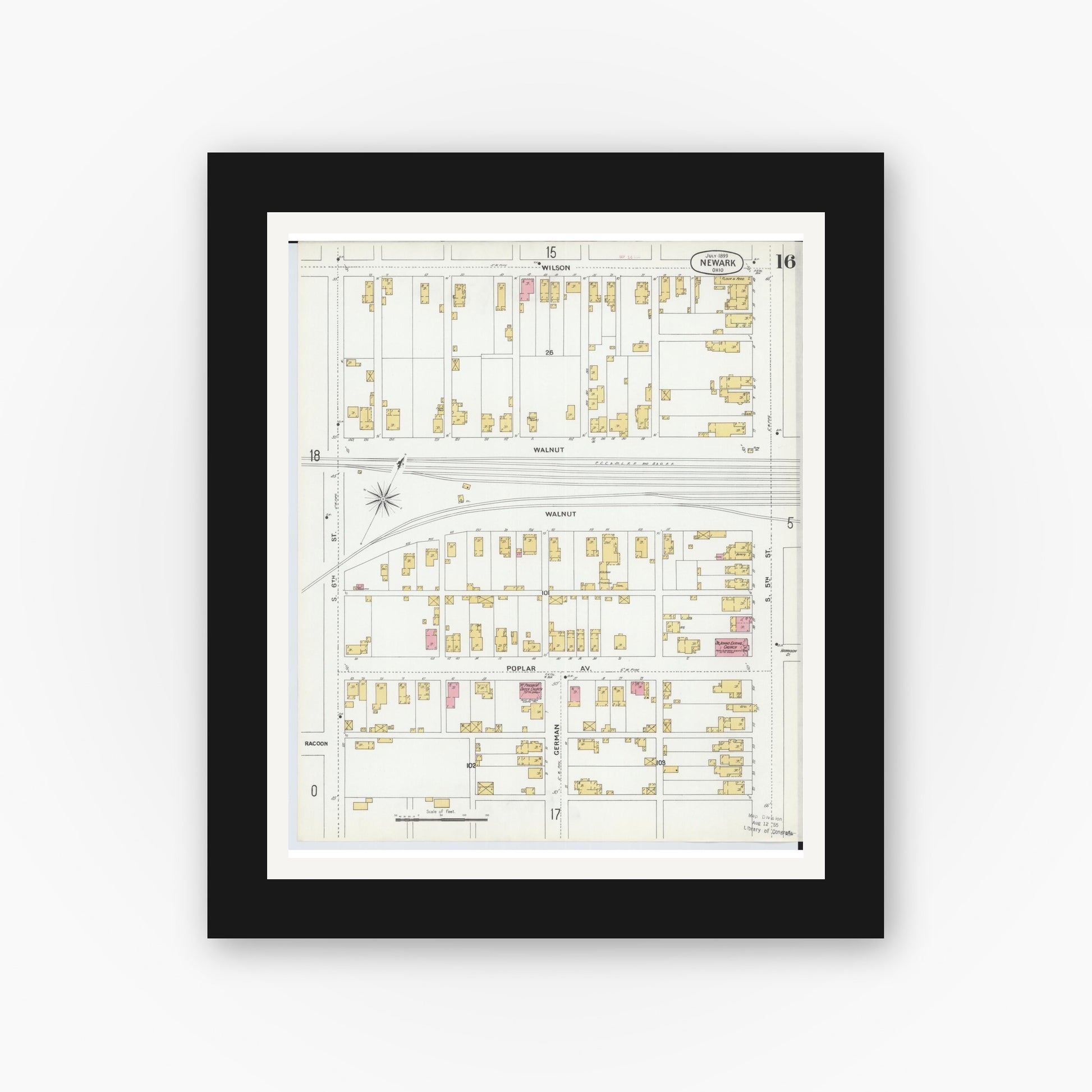 Old map wall art mockup — black gallery frame with white mat — Sanborn Fire Insurance Map from Newark, Licking County, Ohio (1899), Sheet #0016