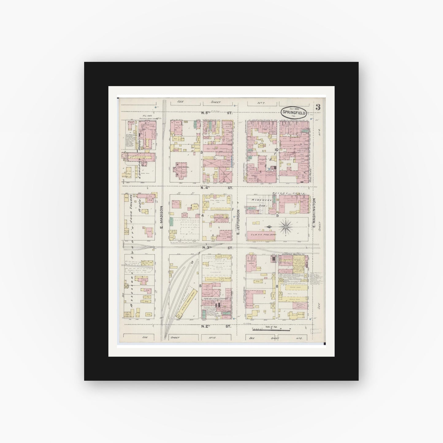 Old map wall art mockup — black gallery frame with white mat — Sanborn Fire Insurance Map from Springfield, Sangamon County, Illinois (1890), Sheet #0003