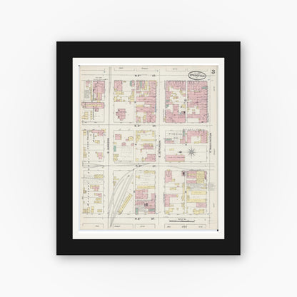 Old map wall art mockup — black gallery frame with white mat — Sanborn Fire Insurance Map from Springfield, Sangamon County, Illinois (1890), Sheet #0003