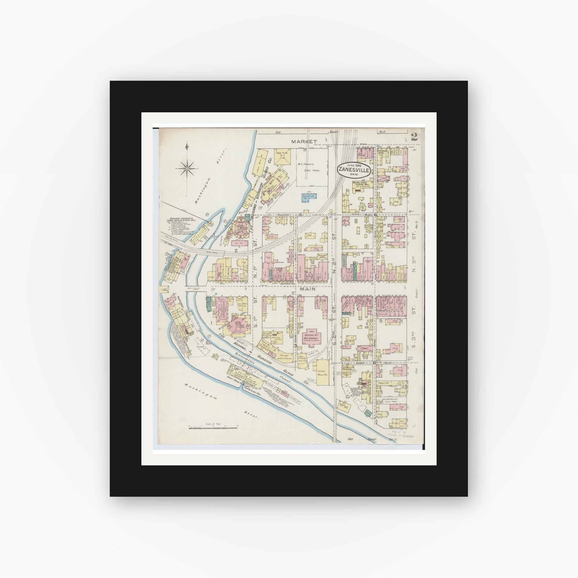 Old map wall art mockup — black gallery frame with white mat — Sanborn Fire Insurance Map from Zanesville, Muskingum County, Ohio (1886), Sheet #0002