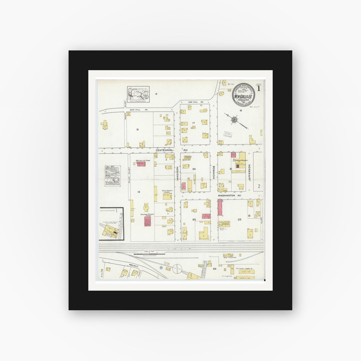 Old map wall art mockup — black gallery frame with white mat — Sanborn Fire Insurance Map from New Gallilee, Beaver County, Pennsylvania (1921) - Complete Map Set