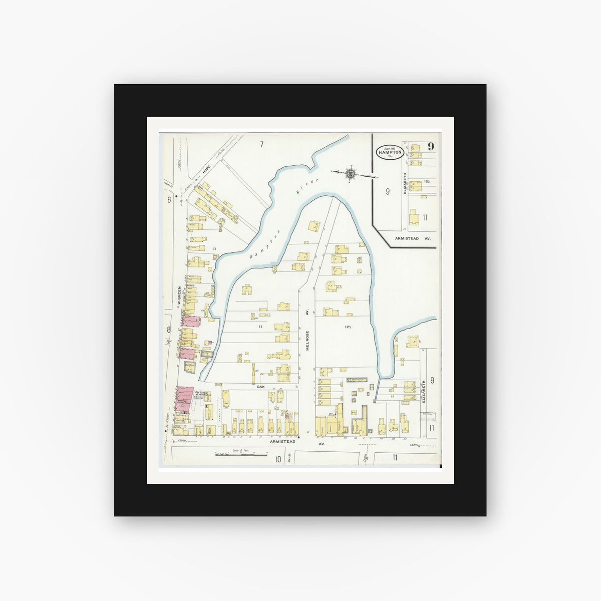 Old map wall art mockup — black gallery frame with white mat — Sanborn Fire Insurance Map from Hampton, Independent Cities, Virginia (1910), Sheet #0009