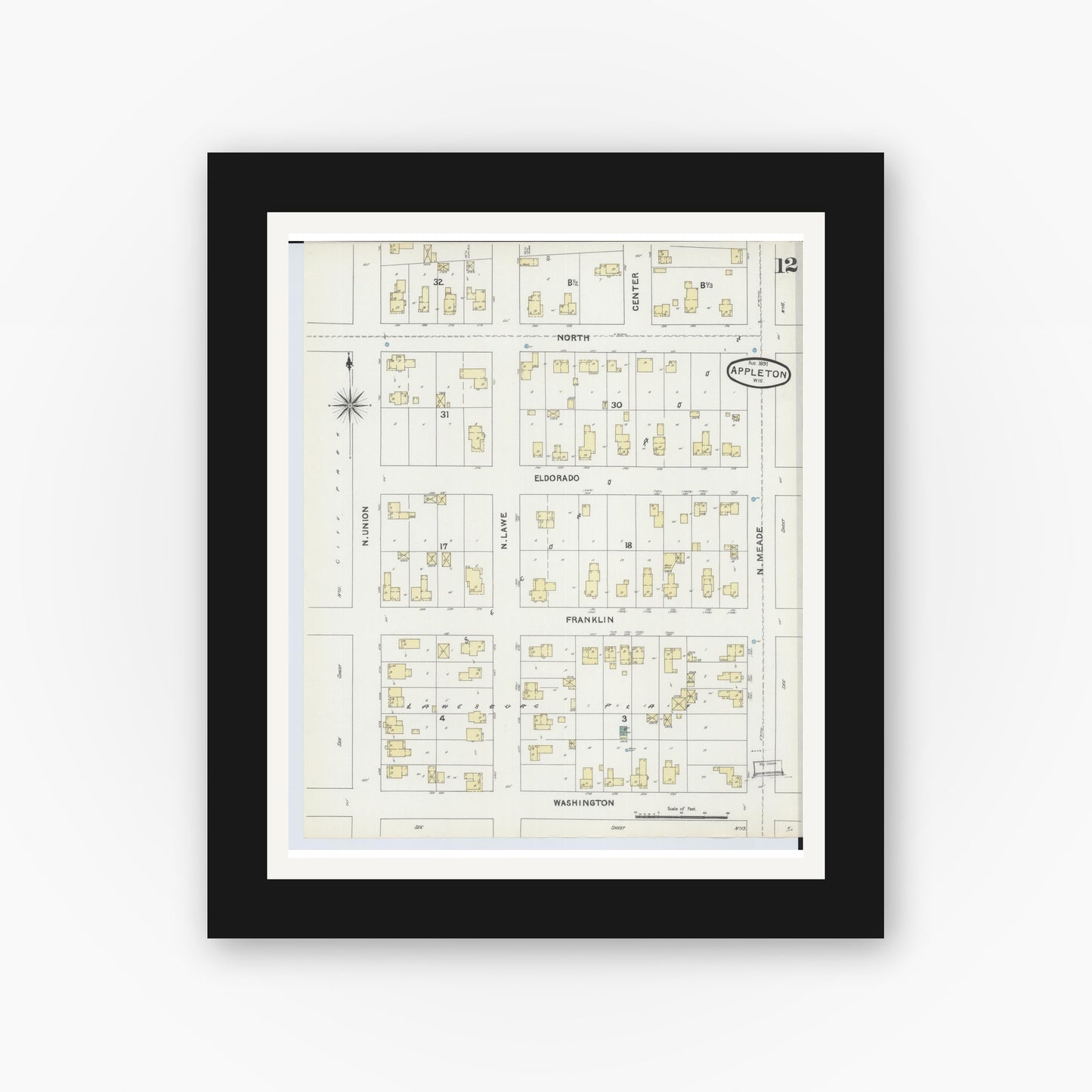Old map wall art mockup — black gallery frame with white mat — Sanborn Fire Insurance Map from Appleton, Outagamie County, Wisconsin (1891), Sheet #0012
