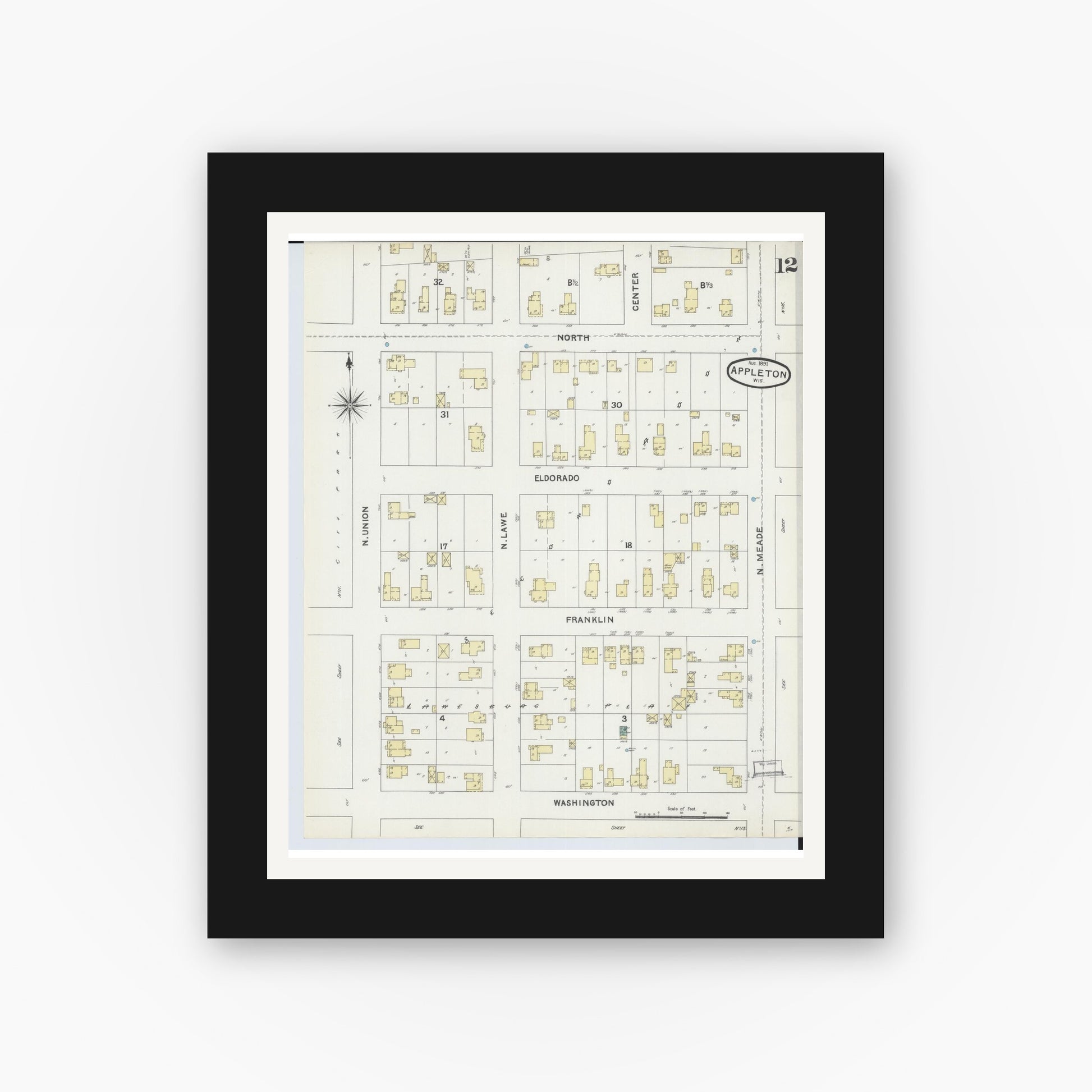 Old map wall art mockup — black gallery frame with white mat — Sanborn Fire Insurance Map from Appleton, Outagamie County, Wisconsin (1891), Sheet #0012