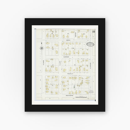 Old map wall art mockup — black gallery frame with white mat — Sanborn Fire Insurance Map from Appleton, Outagamie County, Wisconsin (1891), Sheet #0012