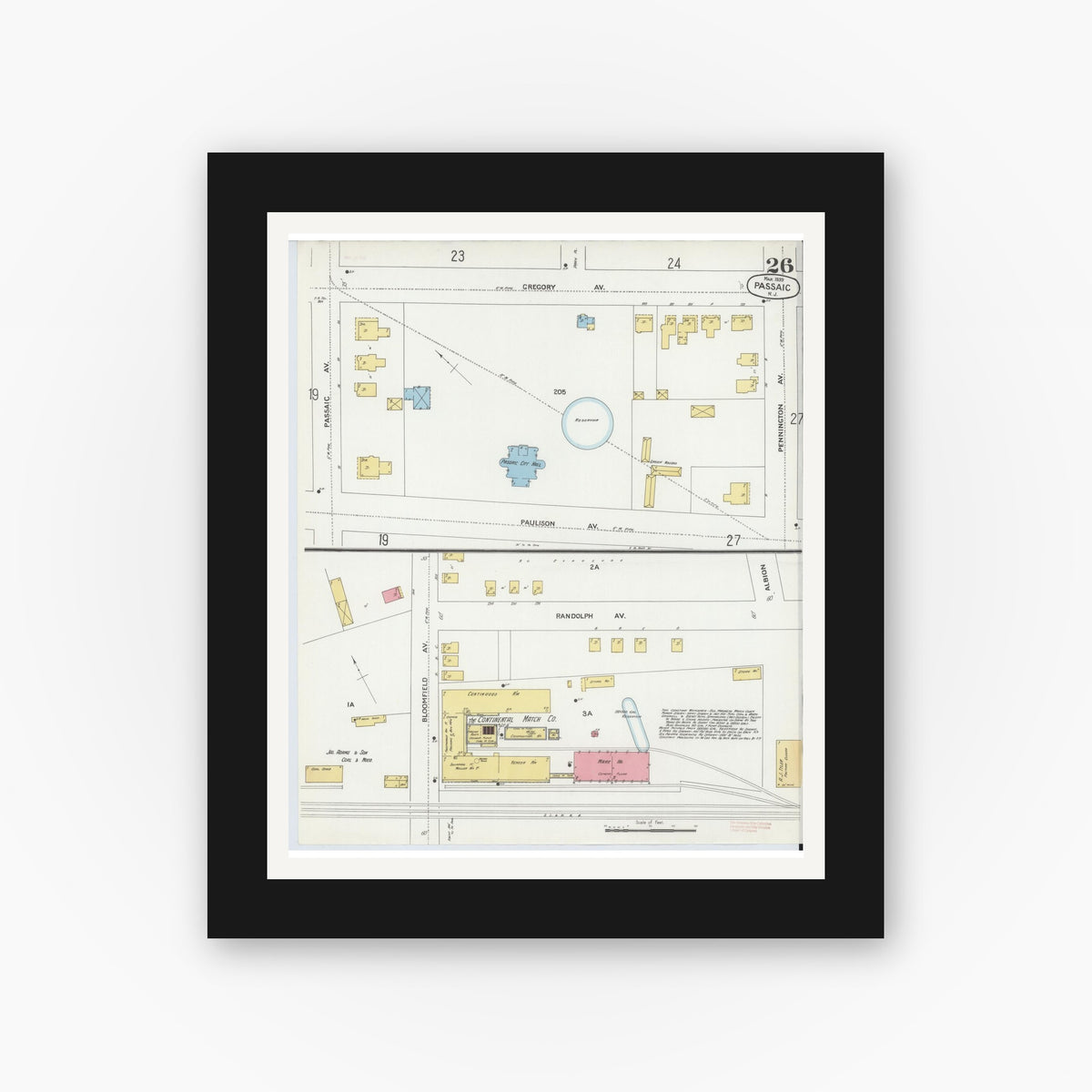 Old map wall art mockup — black gallery frame with white mat — Sanborn Fire Insurance Map from Passaic, Passaic County, New Jersey (1899), Sheet #0026