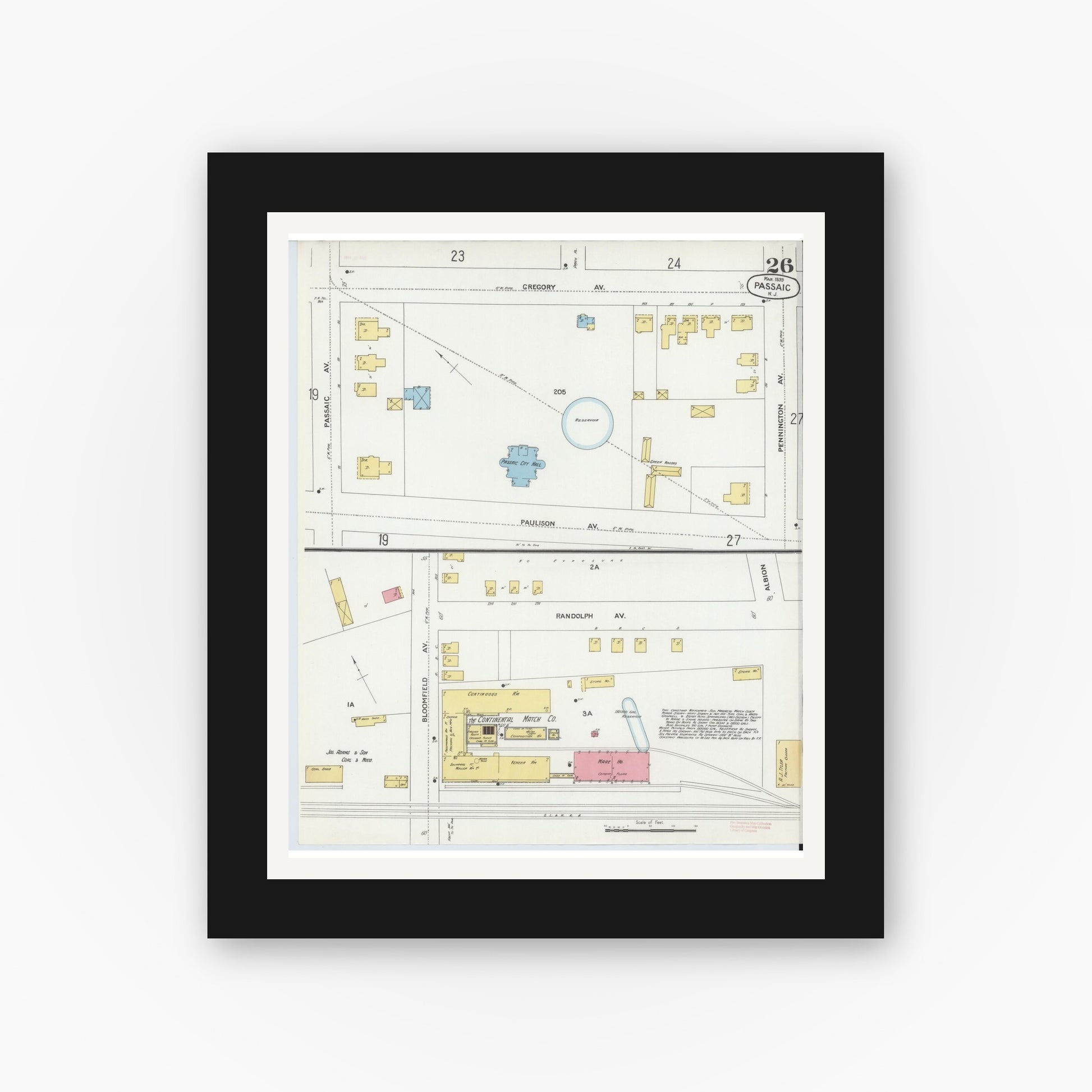 Old map wall art mockup — black gallery frame with white mat — Sanborn Fire Insurance Map from Passaic, Passaic County, New Jersey (1899), Sheet #0026