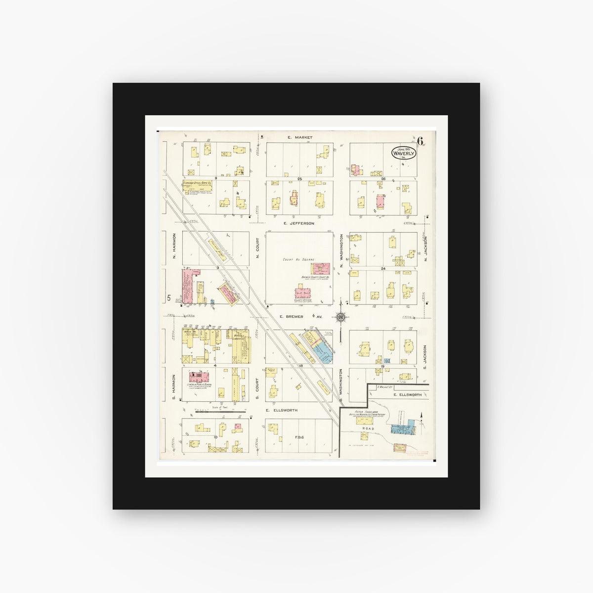 Old map wall art mockup — black gallery frame with white mat — Sanborn Fire Insurance Map from Waverly, Bremer County, Iowa (1915), Sheet #0006