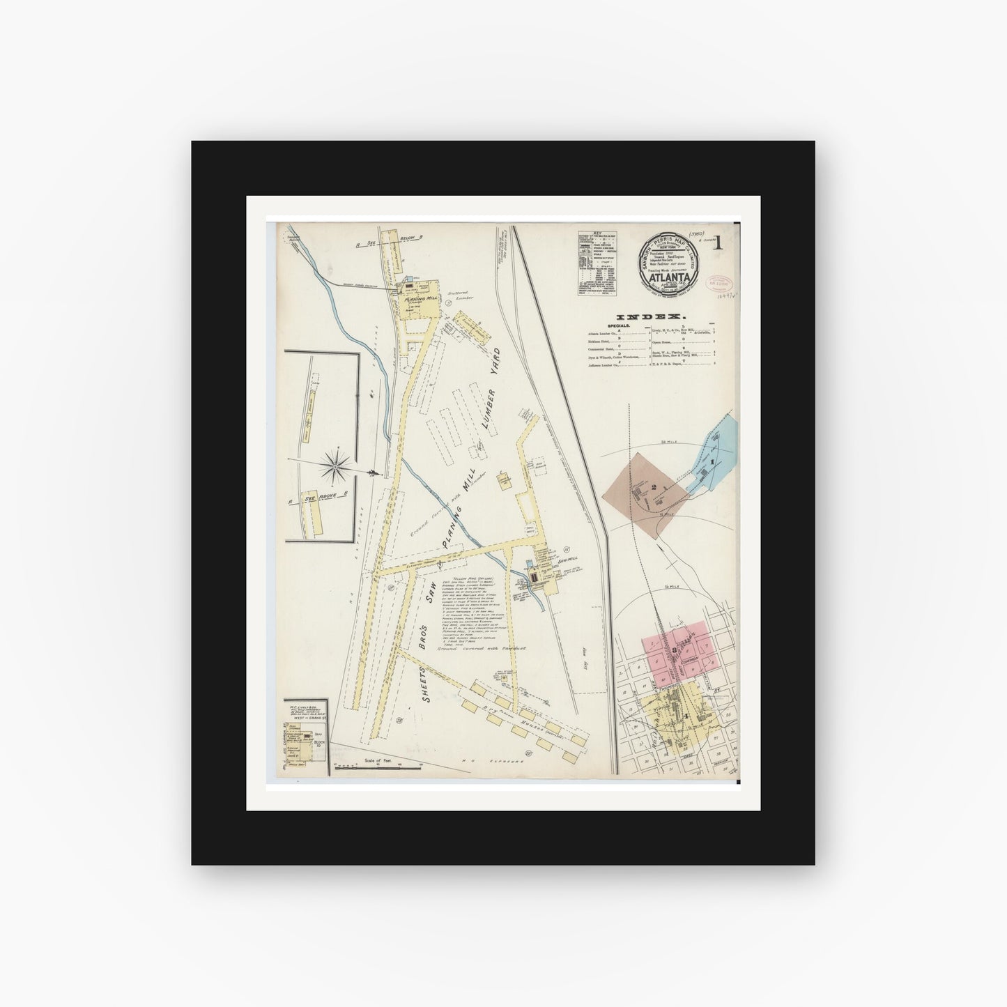 Old map wall art mockup — black gallery frame with white mat — Sanborn Fire Insurance Map from Atlanta, Cass County, Texas (1890) - Complete Map Set