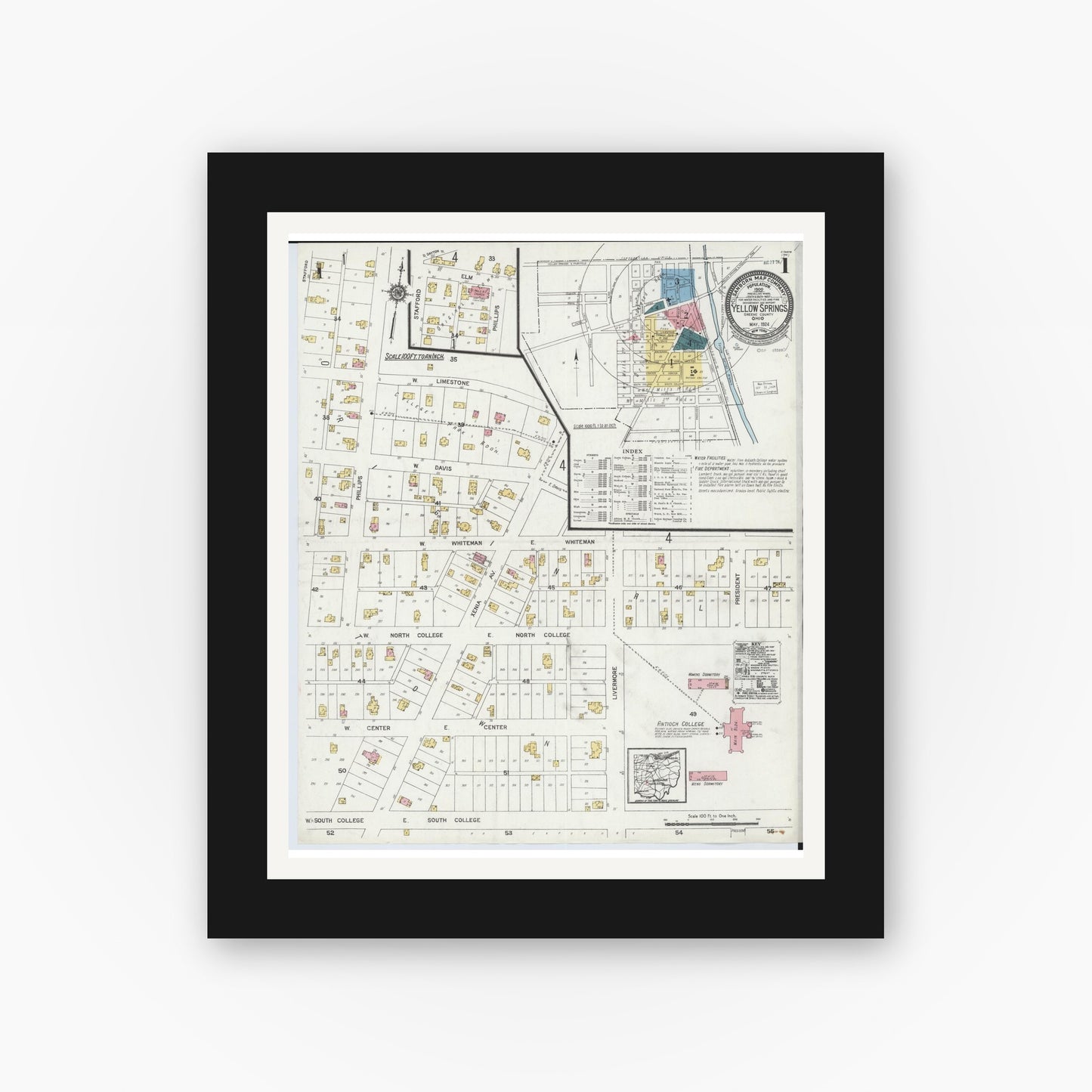 Old map wall art mockup — black gallery frame with white mat — Sanborn Fire Insurance Map from Yellow Springs, Greene County, Ohio (1924) - Complete Map Set