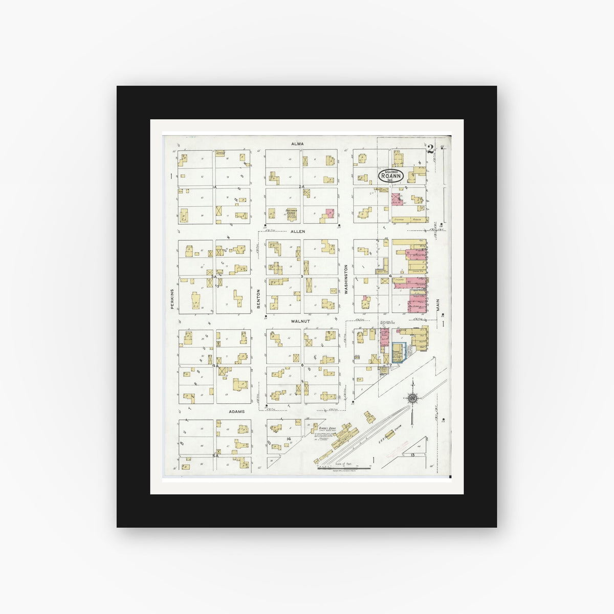Old map wall art mockup — black gallery frame with white mat — Sanborn Fire Insurance Map from Roann, Wabash County, Indiana (1920), Sheet #0002