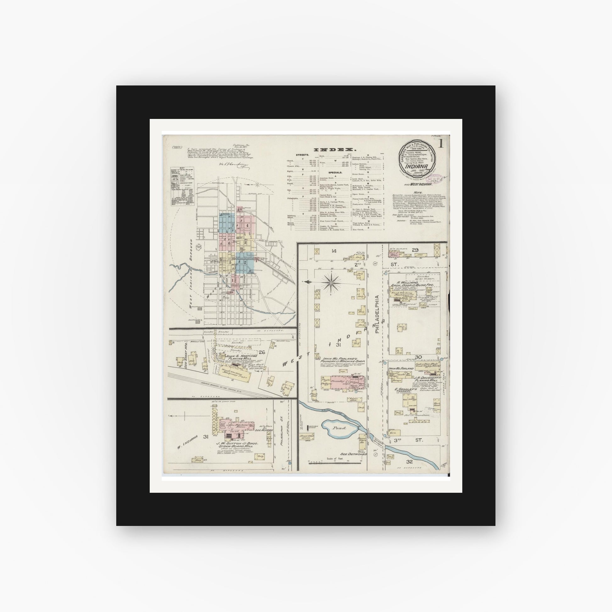 Old map wall art mockup — black gallery frame with white mat — Sanborn Fire Insurance Map from Indiana, Indiana County, Pennsylvania (1887), Sheet #0001
