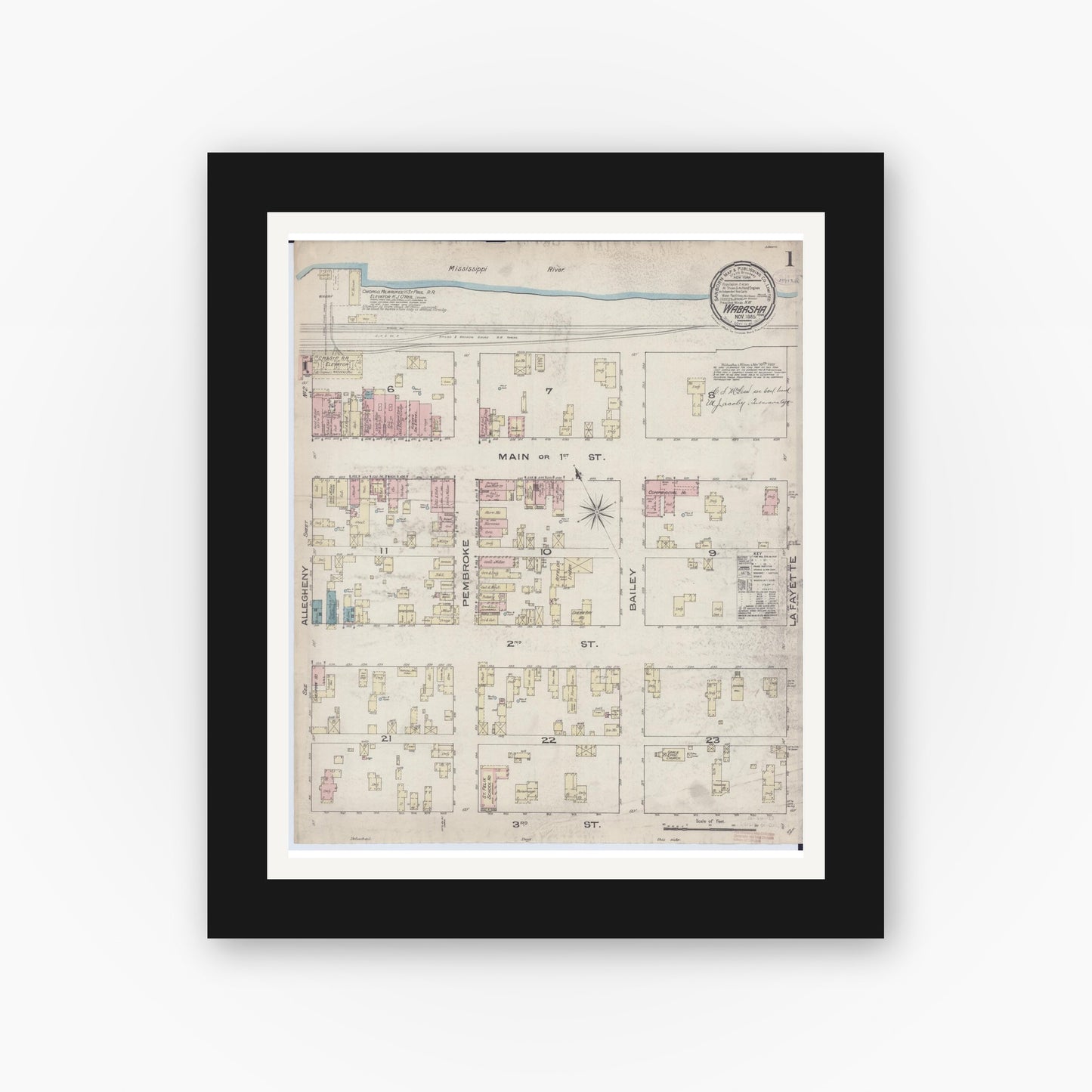 Old map wall art mockup — black gallery frame with white mat — Sanborn Fire Insurance Map from Wabasha, Wabasha County, Minnesota (1885) - Complete Map Set