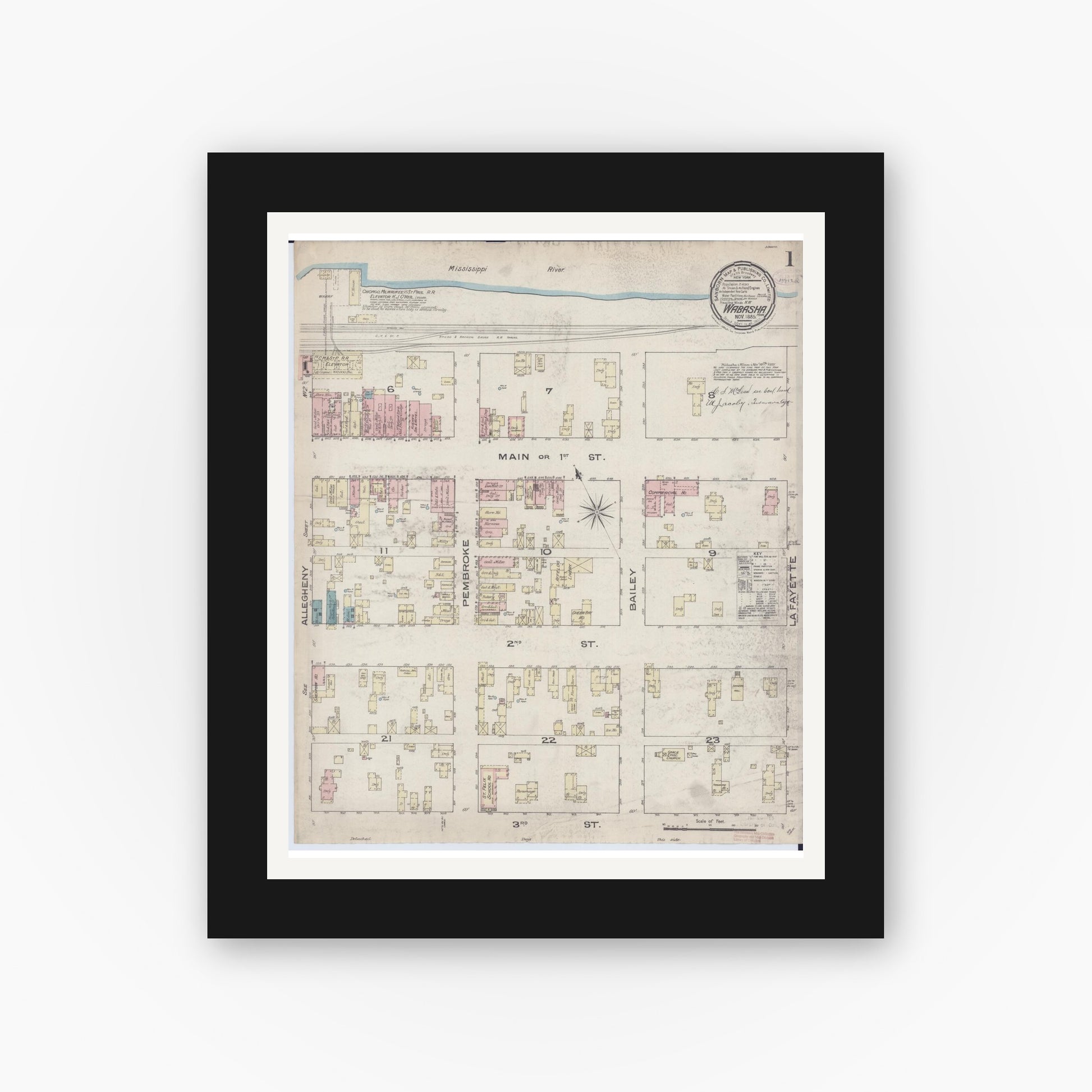 Old map wall art mockup — black gallery frame with white mat — Sanborn Fire Insurance Map from Wabasha, Wabasha County, Minnesota (1885) - Complete Map Set