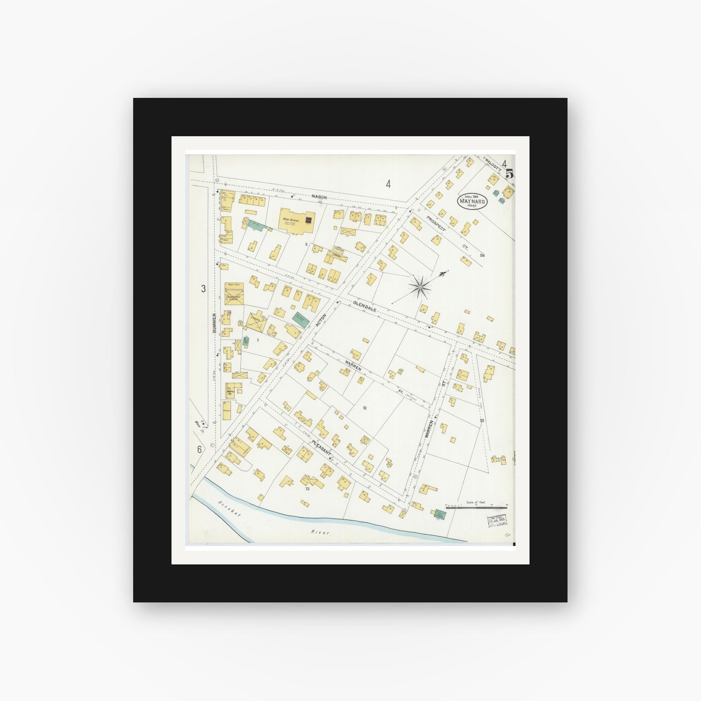 Old map wall art mockup — black gallery frame with white mat — Sanborn Fire Insurance Map from Maynard, Middlesex County, Massachusetts (1904), Sheet #0005