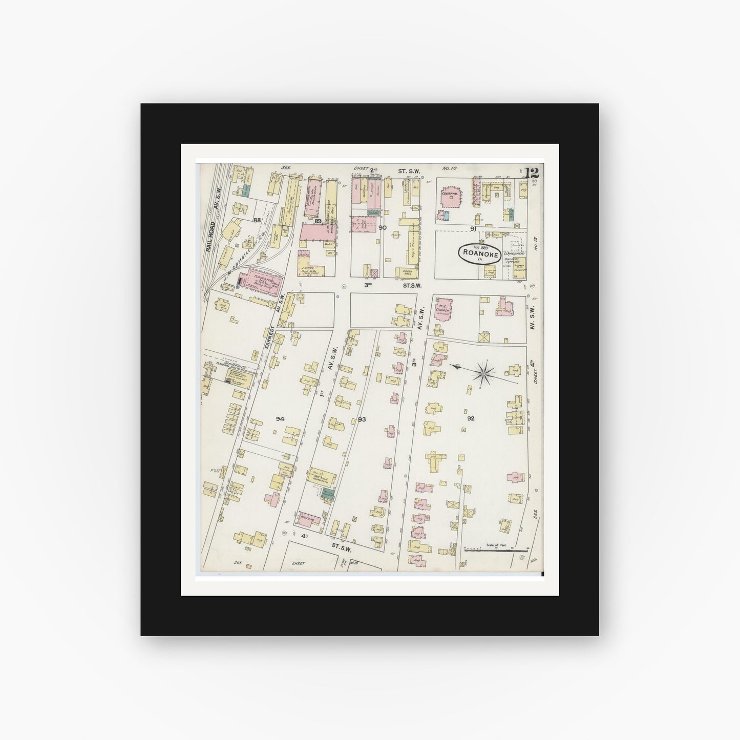 Old map wall art mockup — black gallery frame with white mat — Sanborn Fire Insurance Map from Roanoke, Independent Cities, Virginia (1889), Sheet #0012