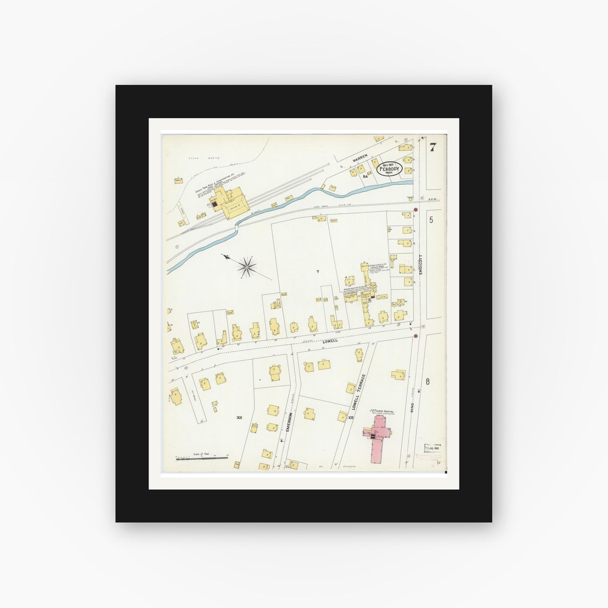 Old map wall art mockup — black gallery frame with white mat — Sanborn Fire Insurance Map from Peabody, Essex County, Massachusetts (1907), Sheet #0007