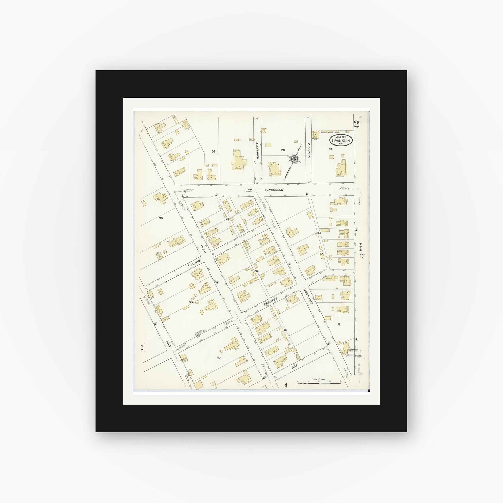 Old map wall art mockup — black gallery frame with white mat — Sanborn Fire Insurance Map from Franklin, Independent Cities, Virginia (1912), Sheet #0002
