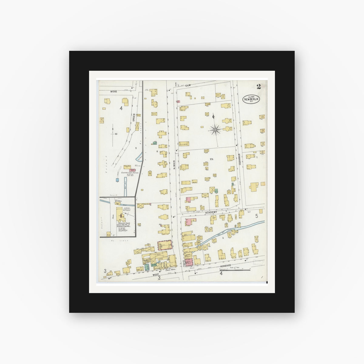 Old map wall art mockup — black gallery frame with white mat — Sanborn Fire Insurance Map from New Berlin, Chenango County, New York (1899), Sheet #0002