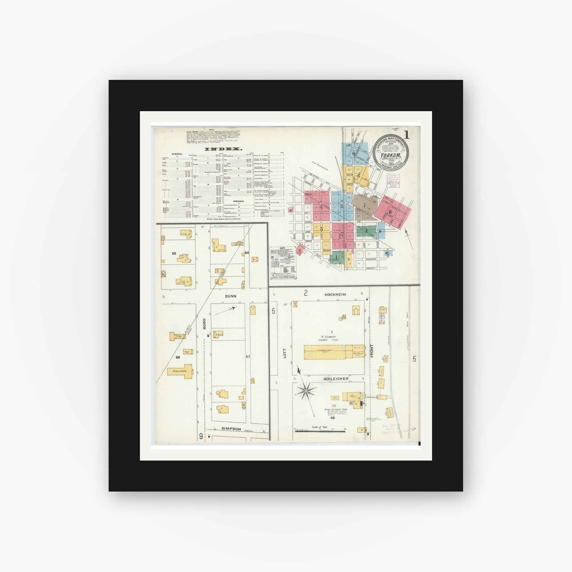 Old map wall art mockup — black gallery frame with white mat — Sanborn Fire Insurance Map from Yoakum, De Witt And Lavaca Counties, Texas (1904) - Complete Map Set