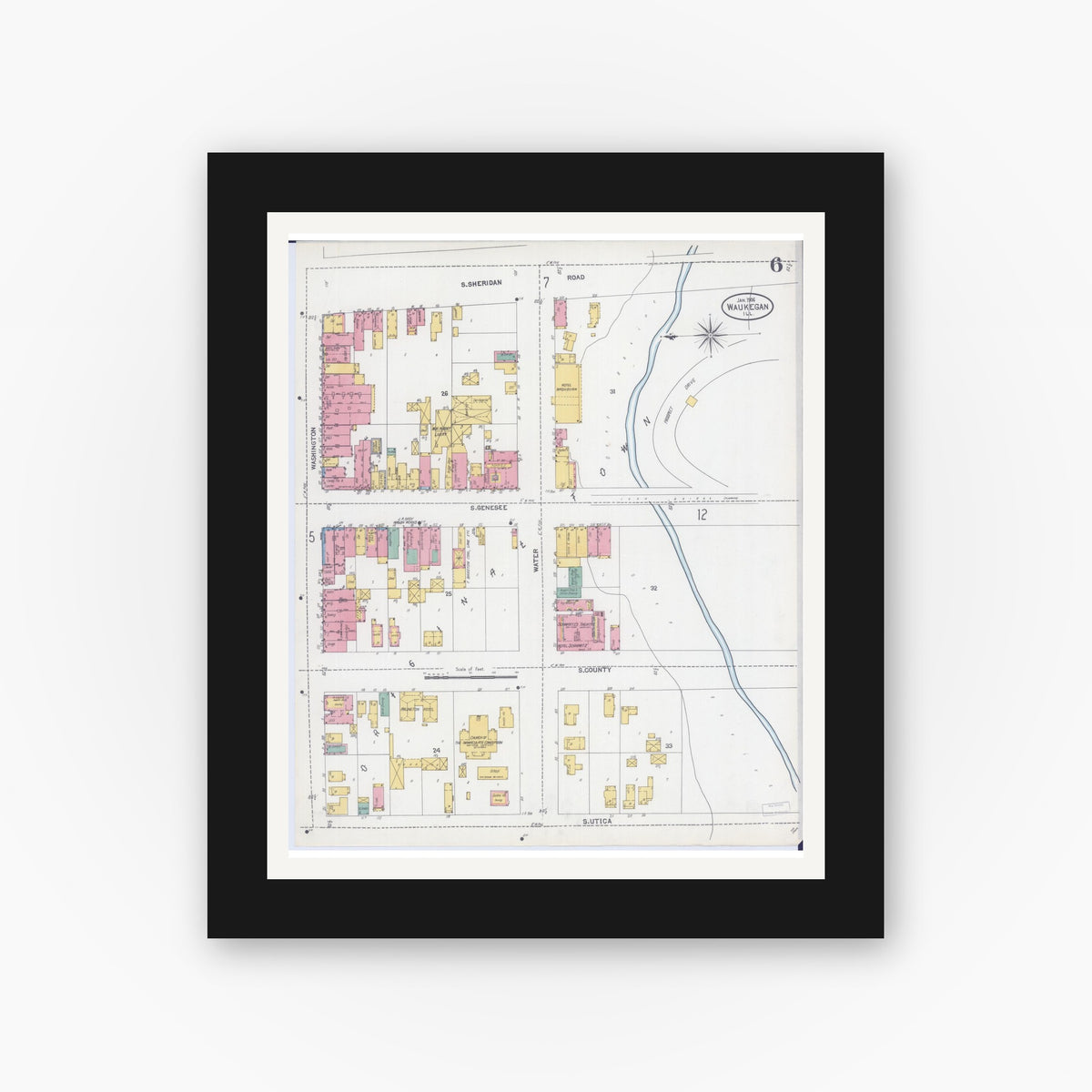 Old map wall art mockup — black gallery frame with white mat — Sanborn Fire Insurance Map from Waukegan, Lake County, Illinois (1906), Sheet #0006