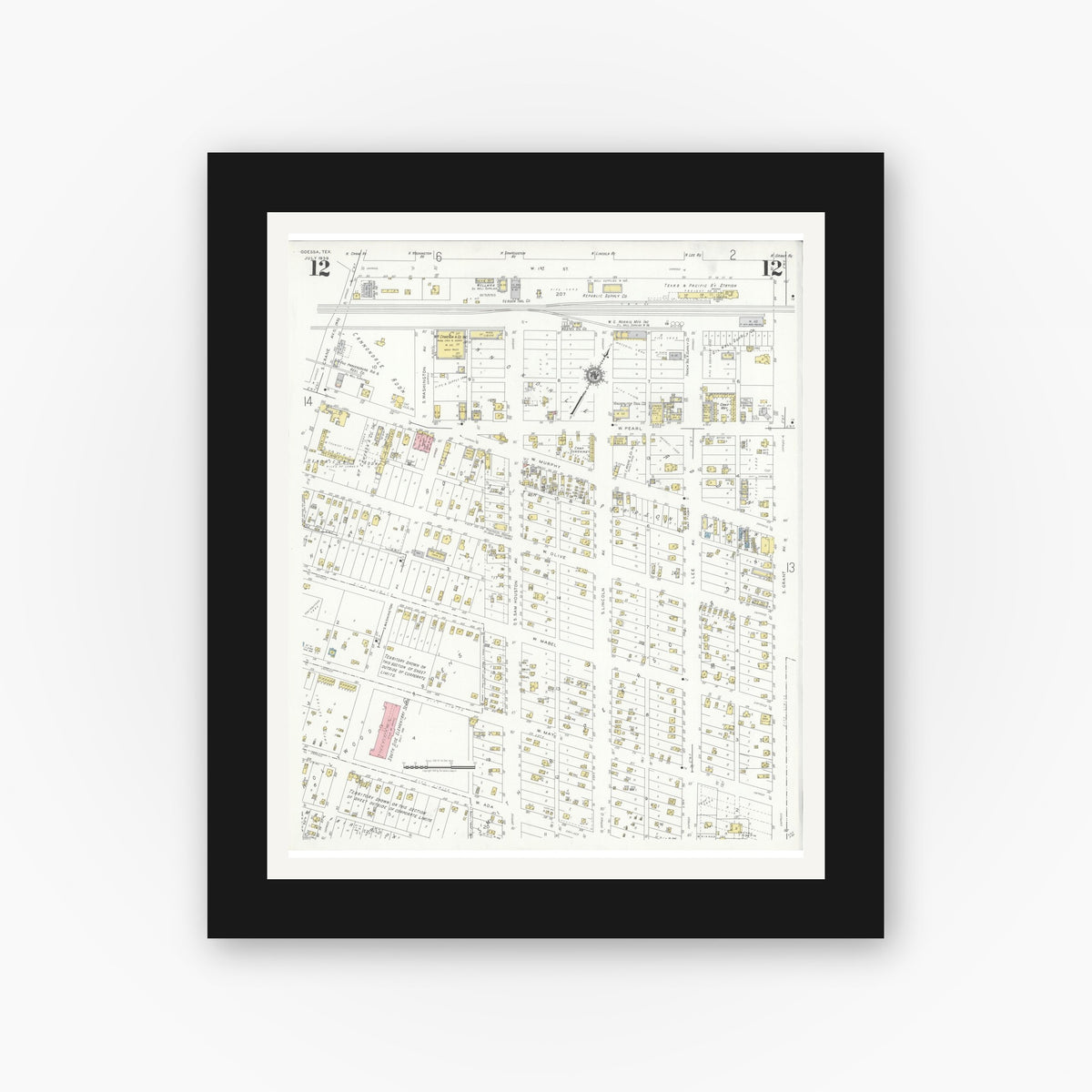 Old map wall art mockup — black gallery frame with white mat — Sanborn Fire Insurance Map from Odessa, Edger County, Texas (1939), Sheet #0012