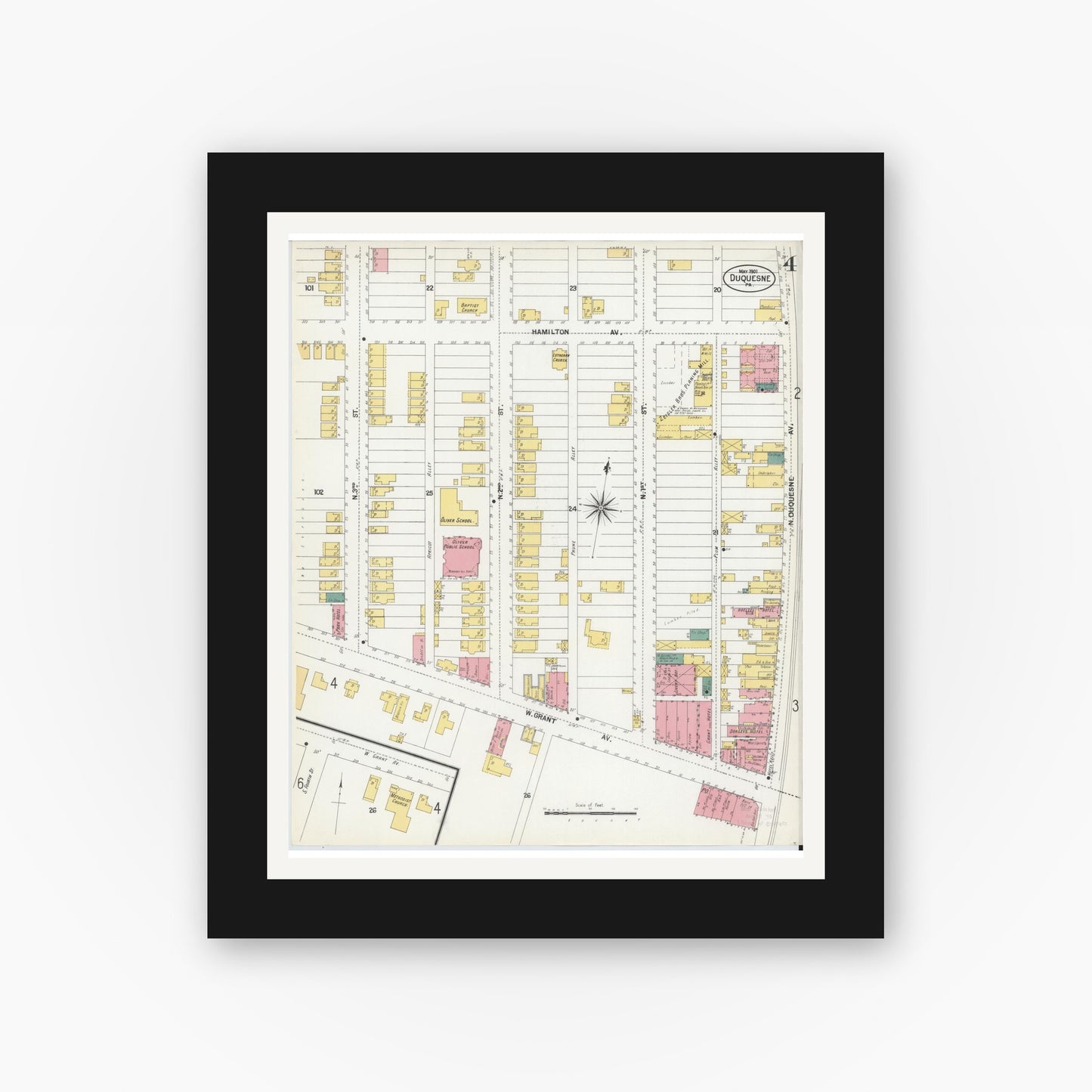Old map wall art mockup — black gallery frame with white mat — Sanborn Fire Insurance Map from Duquesne, Allegheny County, Pennsylvania (1901), Sheet #0004