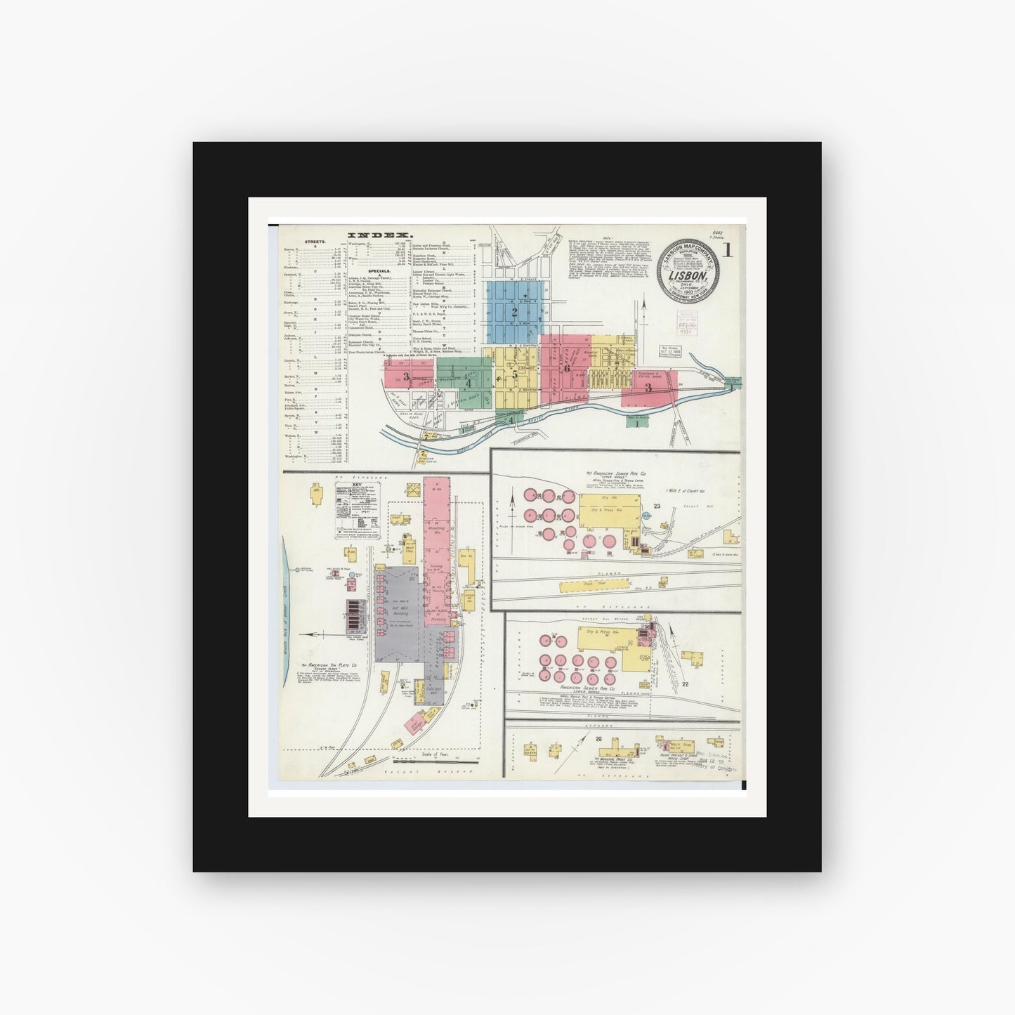 Old map wall art mockup — black gallery frame with white mat — Sanborn Fire Insurance Map from Lisbon, Columbiana County, Ohio (1903) - Complete Map Set