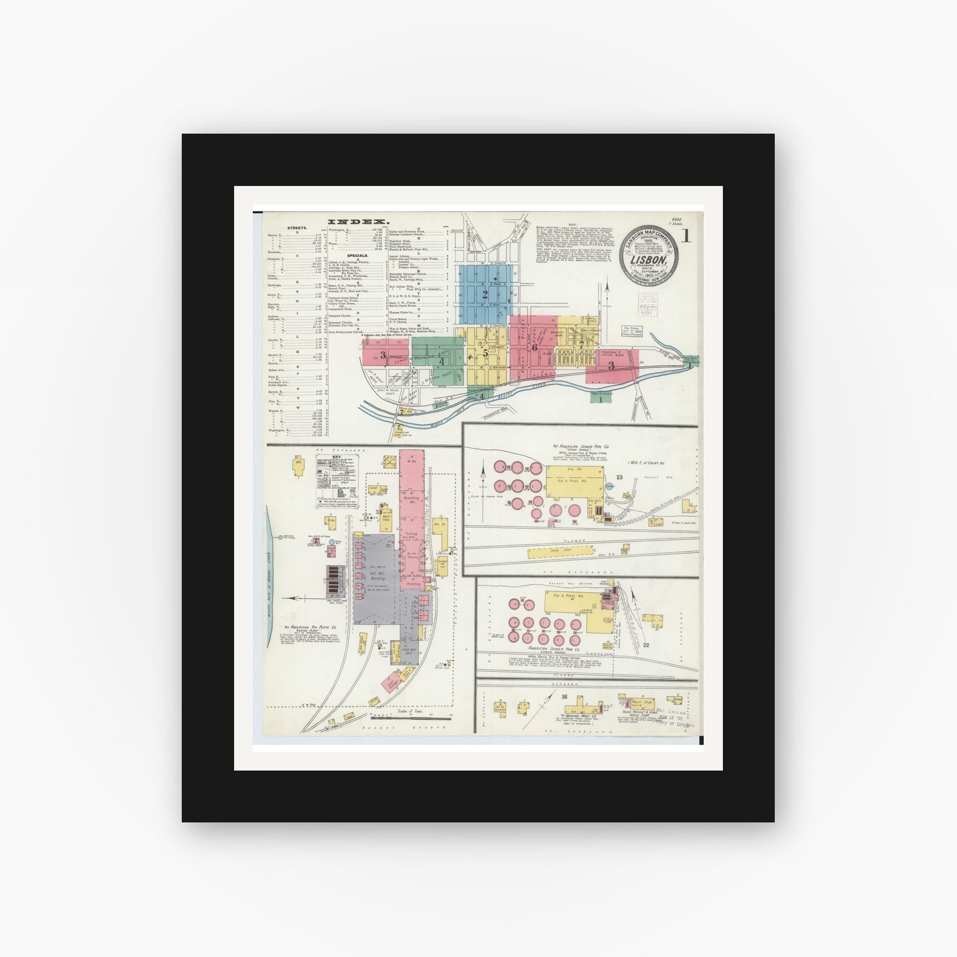 Old map wall art mockup — black gallery frame with white mat — Sanborn Fire Insurance Map from Lisbon, Columbiana County, Ohio (1903) - Complete Map Set