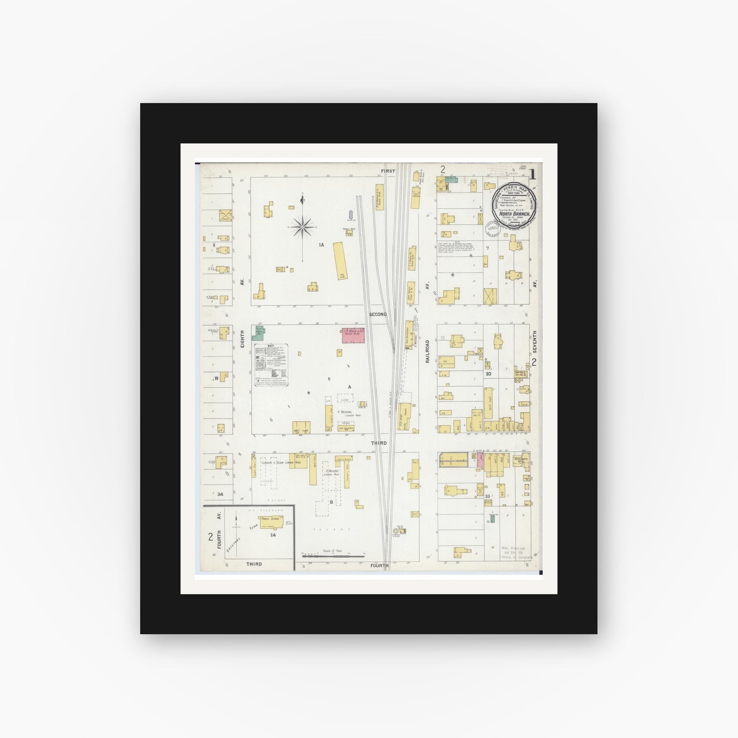 Old map wall art mockup — black gallery frame with white mat — Sanborn Fire Insurance Map from North Branch, Chisago County, Minnesota (1899), Sheet #0001