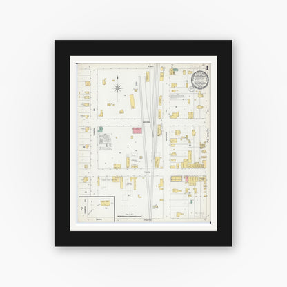 Old map wall art mockup — black gallery frame with white mat — Sanborn Fire Insurance Map from North Branch, Chisago County, Minnesota (1899), Sheet #0001