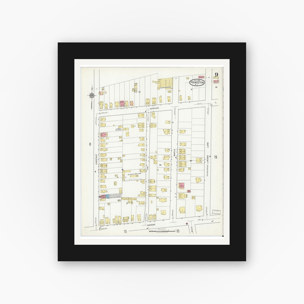 Old map wall art mockup — black gallery frame with white mat — Sanborn Fire Insurance Map from Princeton, Mercer County, New Jersey (1918), Sheet #0009