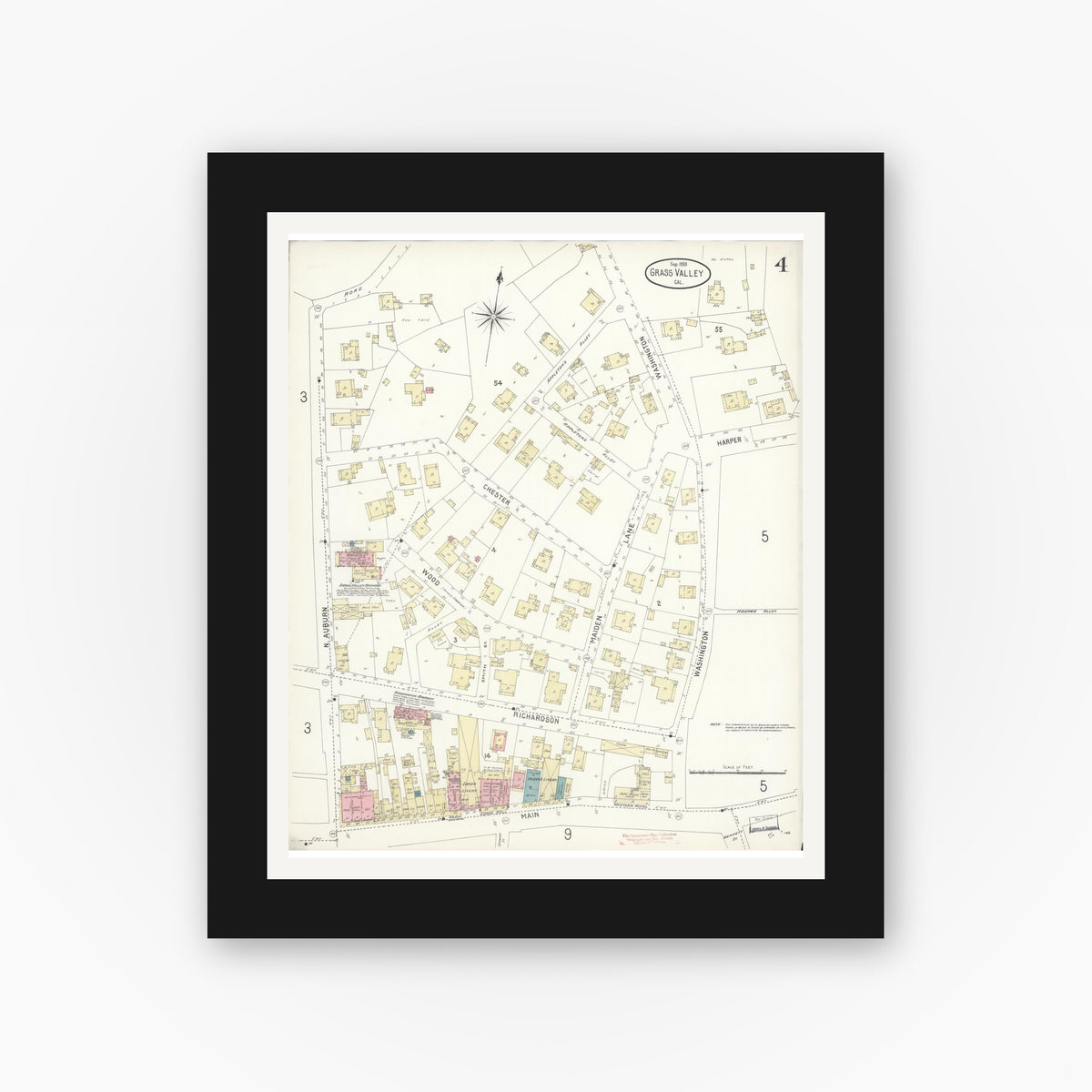Old map wall art mockup — black gallery frame with white mat — Sanborn Fire Insurance Map from Grass Valley, Nevada County, California (1898), Sheet #0004