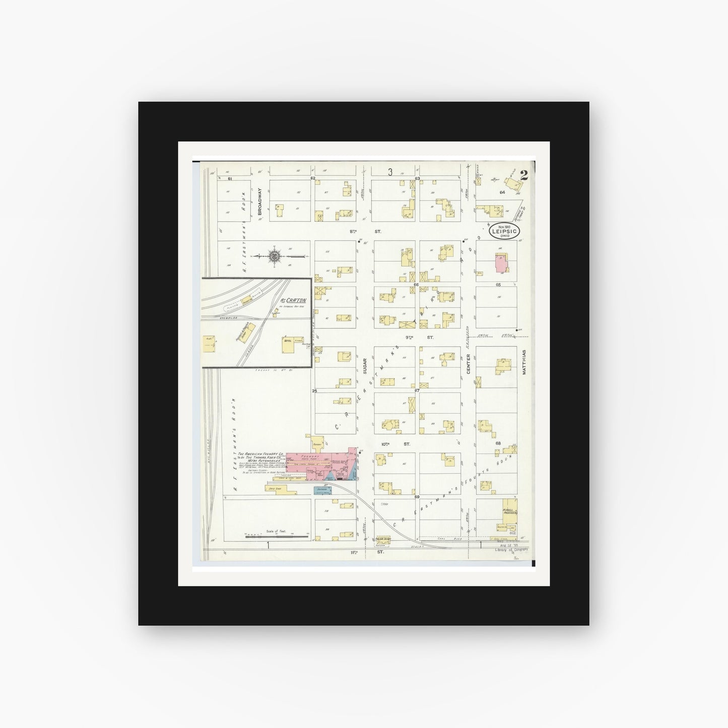 Old map wall art mockup — black gallery frame with white mat — Sanborn Fire Insurance Map from Leipsic, Putnam County, Ohio (1910), Sheet #0002