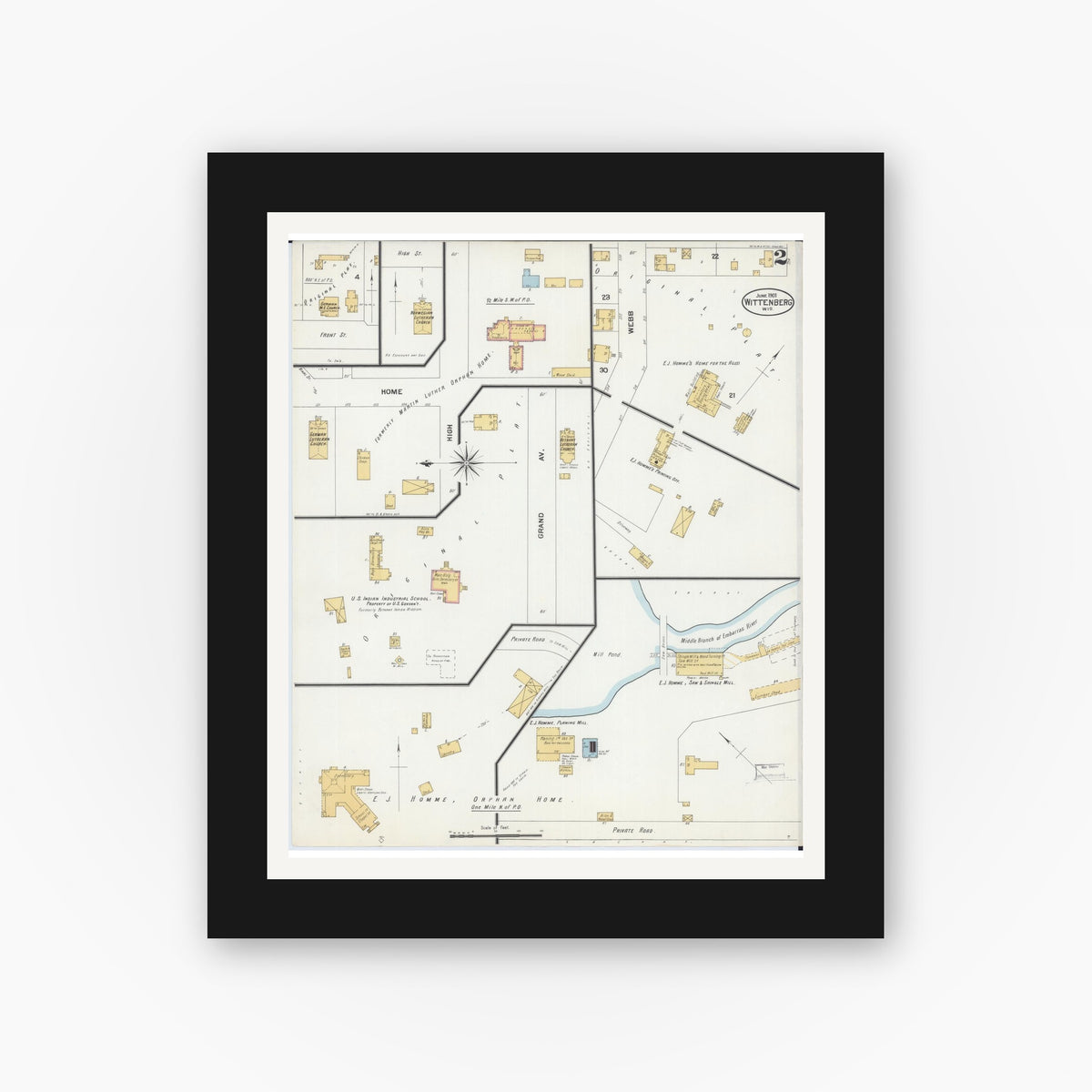 Old map wall art mockup — black gallery frame with white mat — Sanborn Fire Insurance Map from Wittenberg, Shawano County, Wisconsin (1901), Sheet #0002