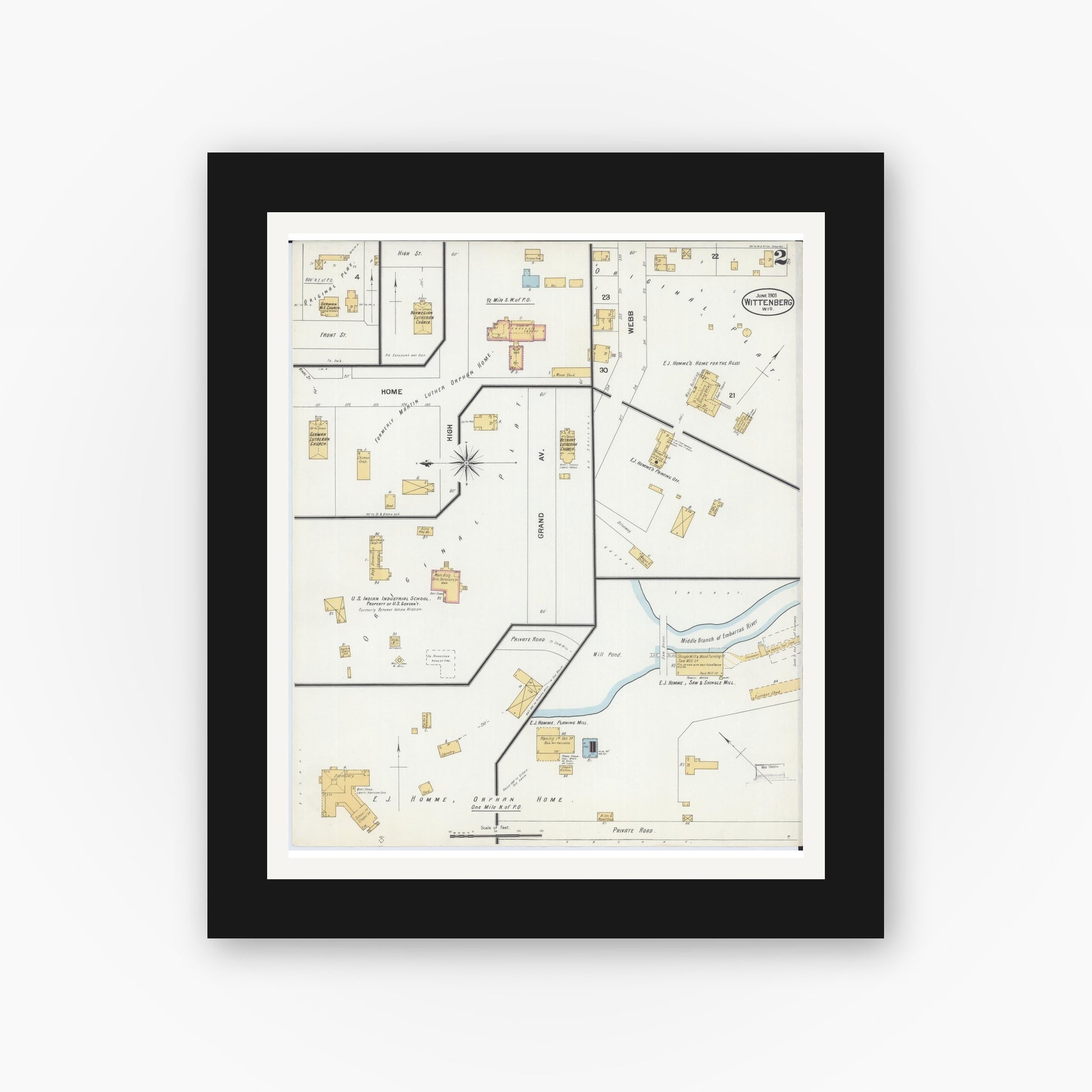 Old map wall art mockup — black gallery frame with white mat — Sanborn Fire Insurance Map from Wittenberg, Shawano County, Wisconsin (1901), Sheet #0002