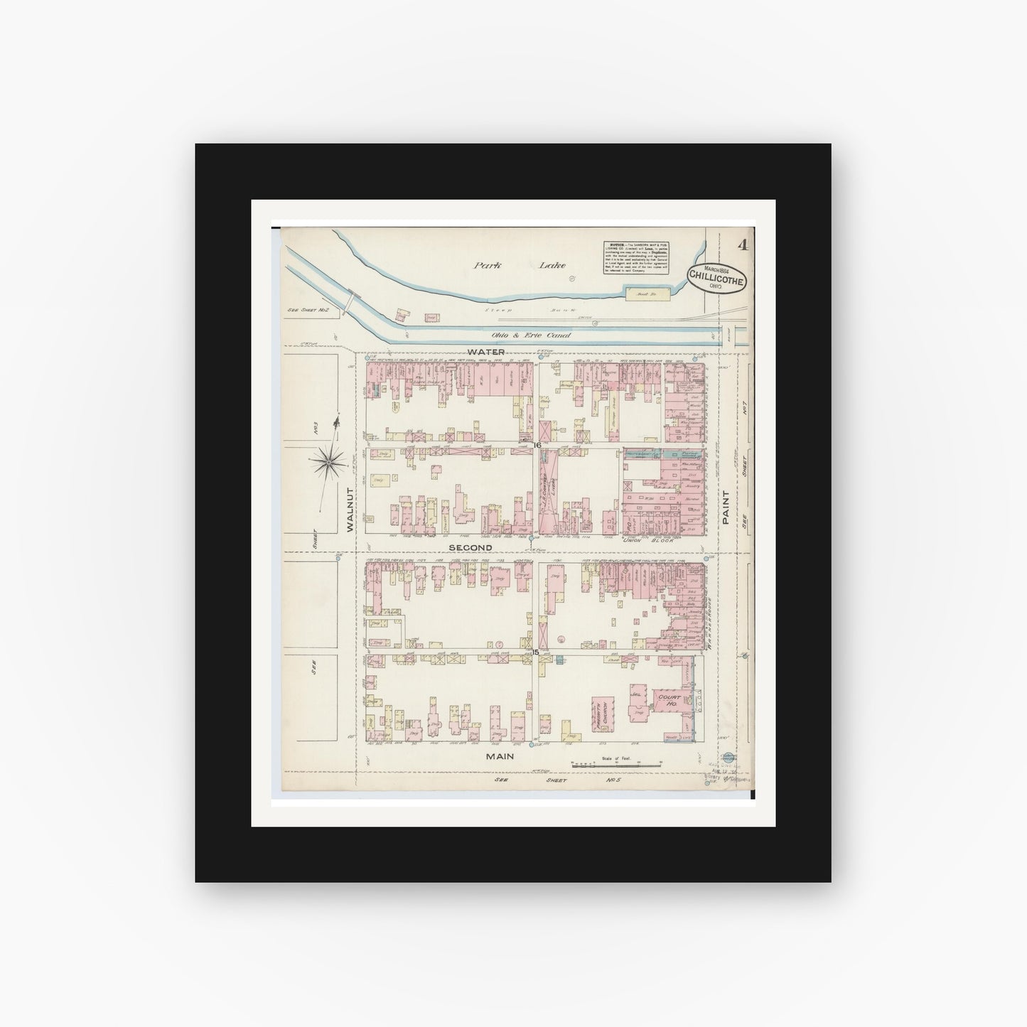 Old map wall art mockup — black gallery frame with white mat — Sanborn Fire Insurance Map from Chillicothe, Ross County, Ohio (1884), Sheet #0004