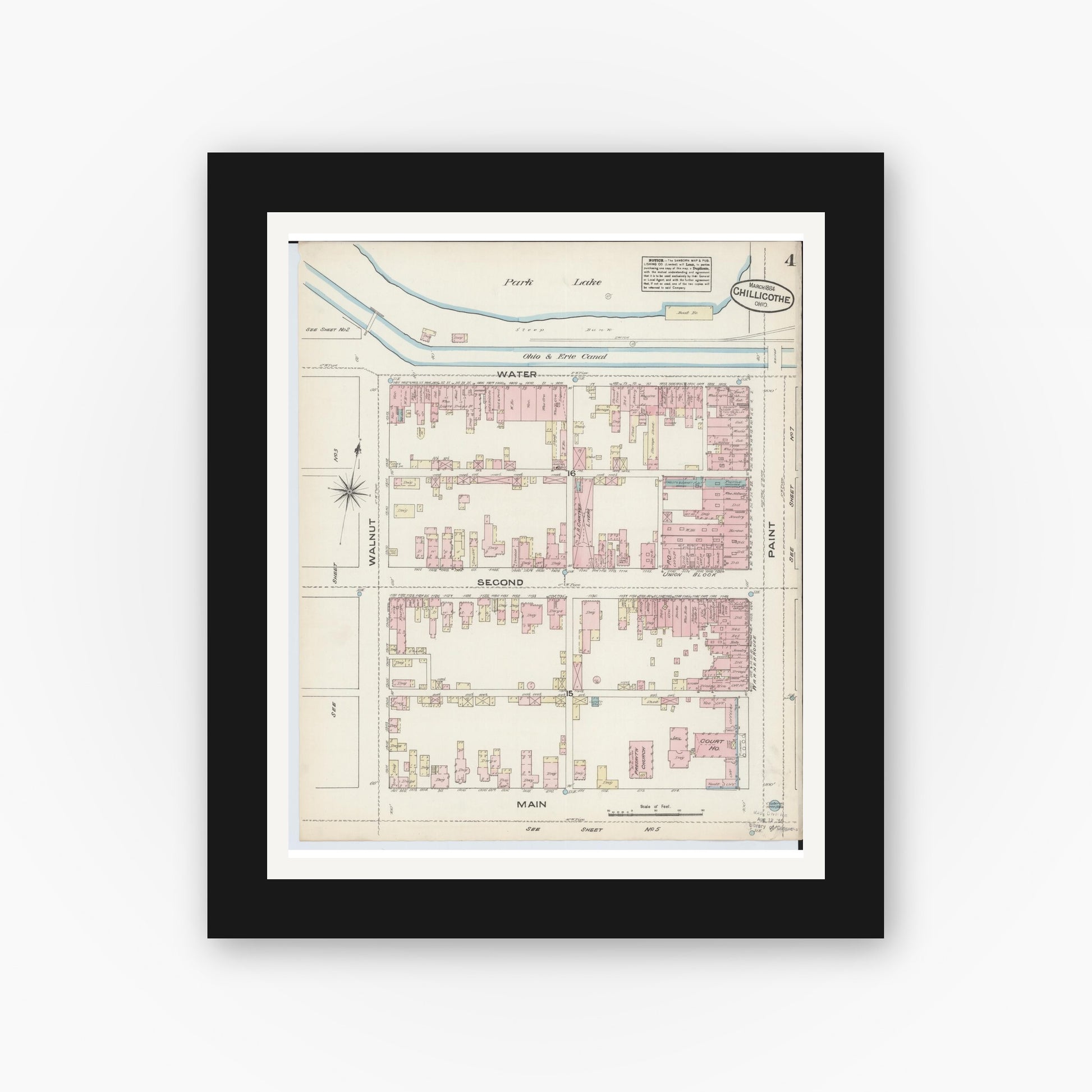 Old map wall art mockup — black gallery frame with white mat — Sanborn Fire Insurance Map from Chillicothe, Ross County, Ohio (1884), Sheet #0004