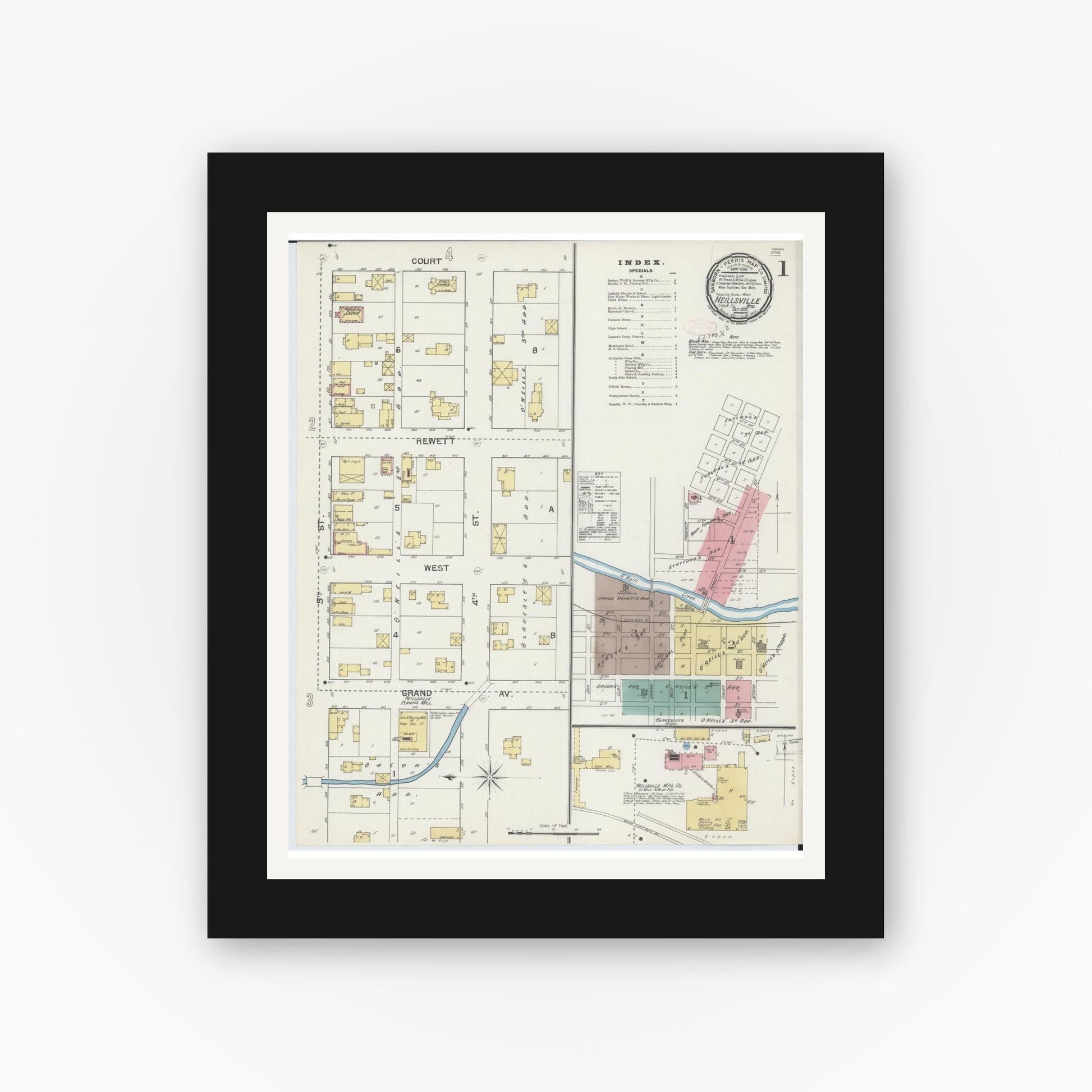 Old map wall art mockup — black gallery frame with white mat — Sanborn Fire Insurance Map from Neillsville, Clark County, Wisconsin (1892) - Complete Map Set