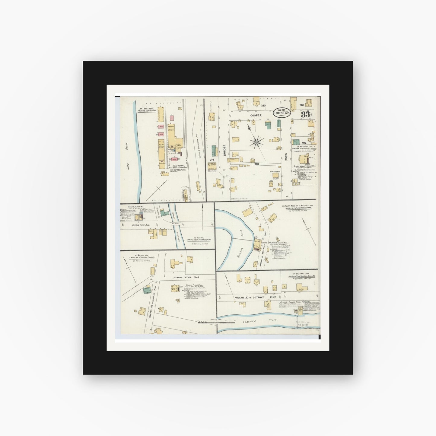 Old map wall art mockup — black gallery frame with white mat — Sanborn Fire Insurance Map from Ironton, Lawrence County, Ohio (1904), Sheet #0033