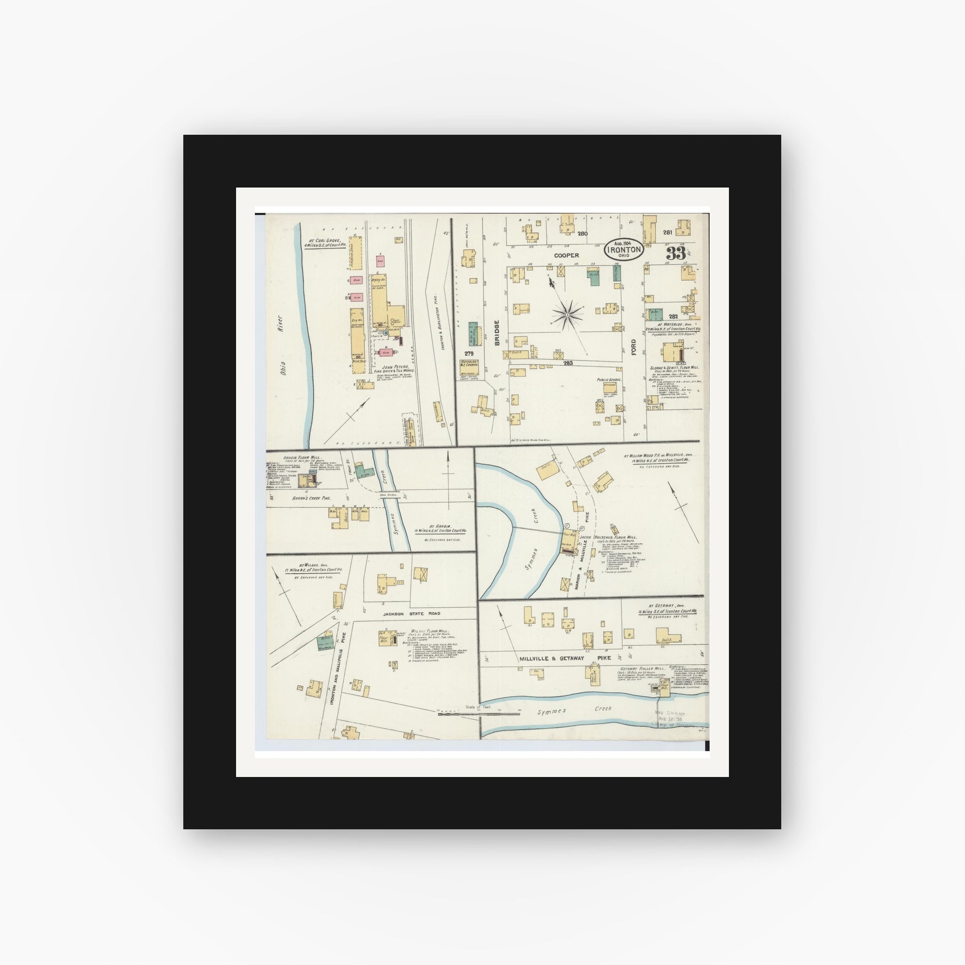 Old map wall art mockup — black gallery frame with white mat — Sanborn Fire Insurance Map from Ironton, Lawrence County, Ohio (1904), Sheet #0033