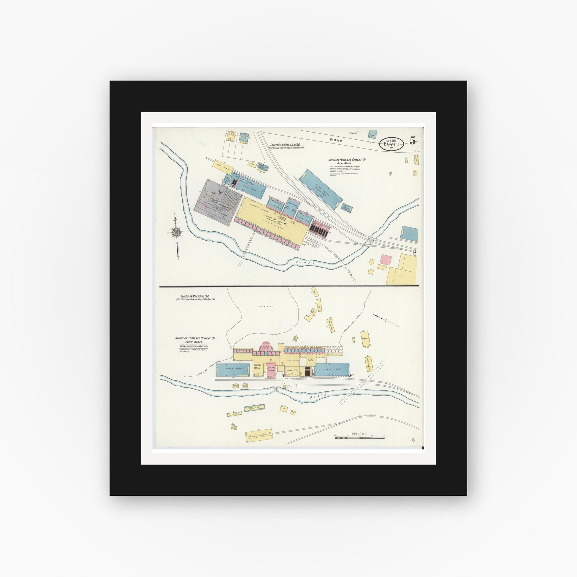 Old map wall art mockup — black gallery frame with white mat — Sanborn Fire Insurance Map from Egypt, Lehigh County, Pennsylvania (1911), Sheet #0005