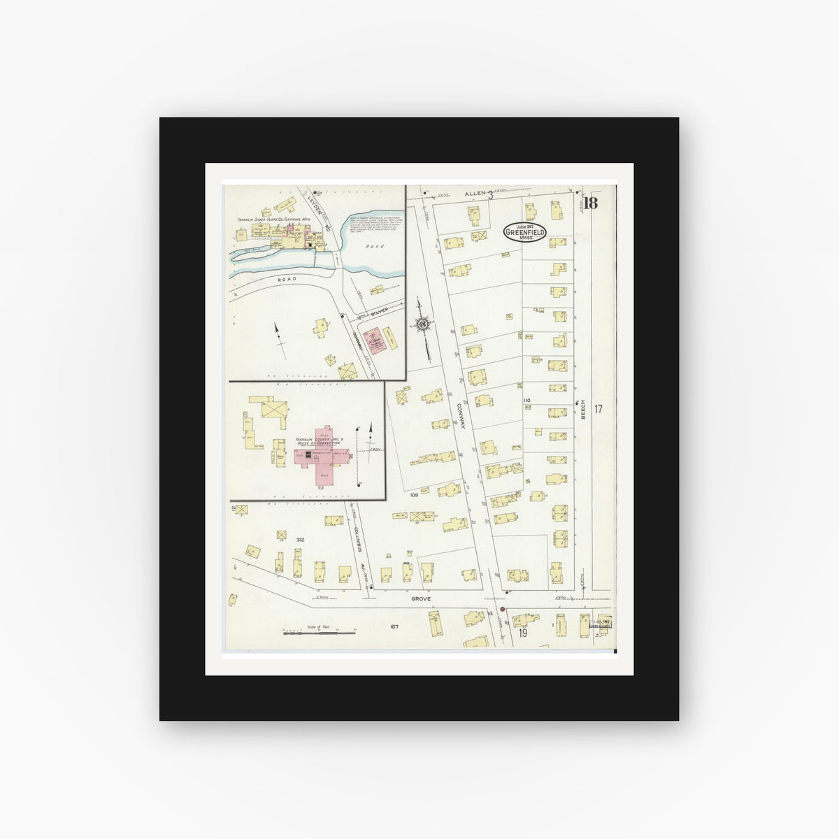 Old map wall art mockup — black gallery frame with white mat — Sanborn Fire Insurance Map from Greenfield, Franklin County, Massachusetts (1914), Sheet #0018