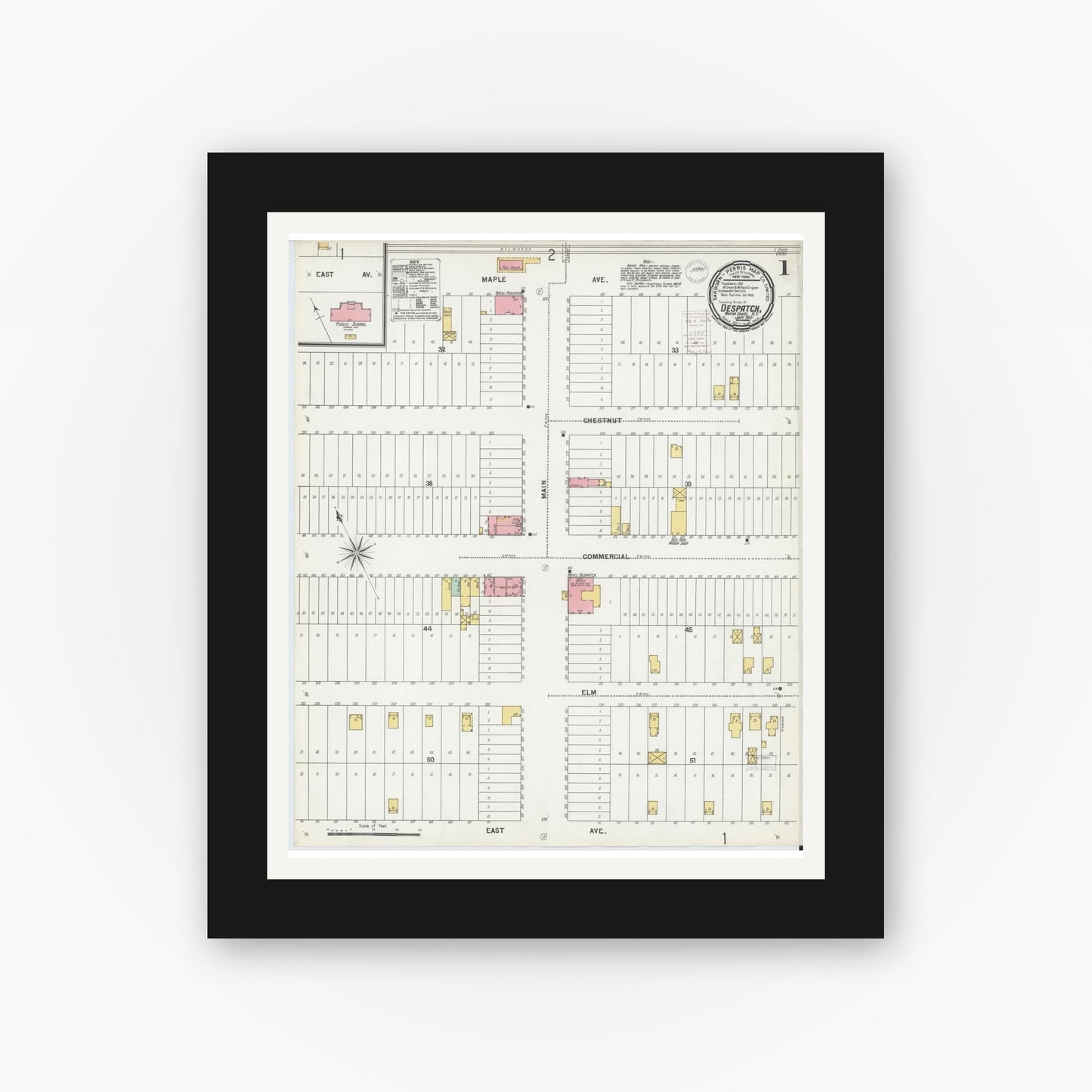 Old map wall art mockup — black gallery frame with white mat — Sanborn Fire Insurance Map from Despatch, Monroe County, New York (1900) - Complete Map Set