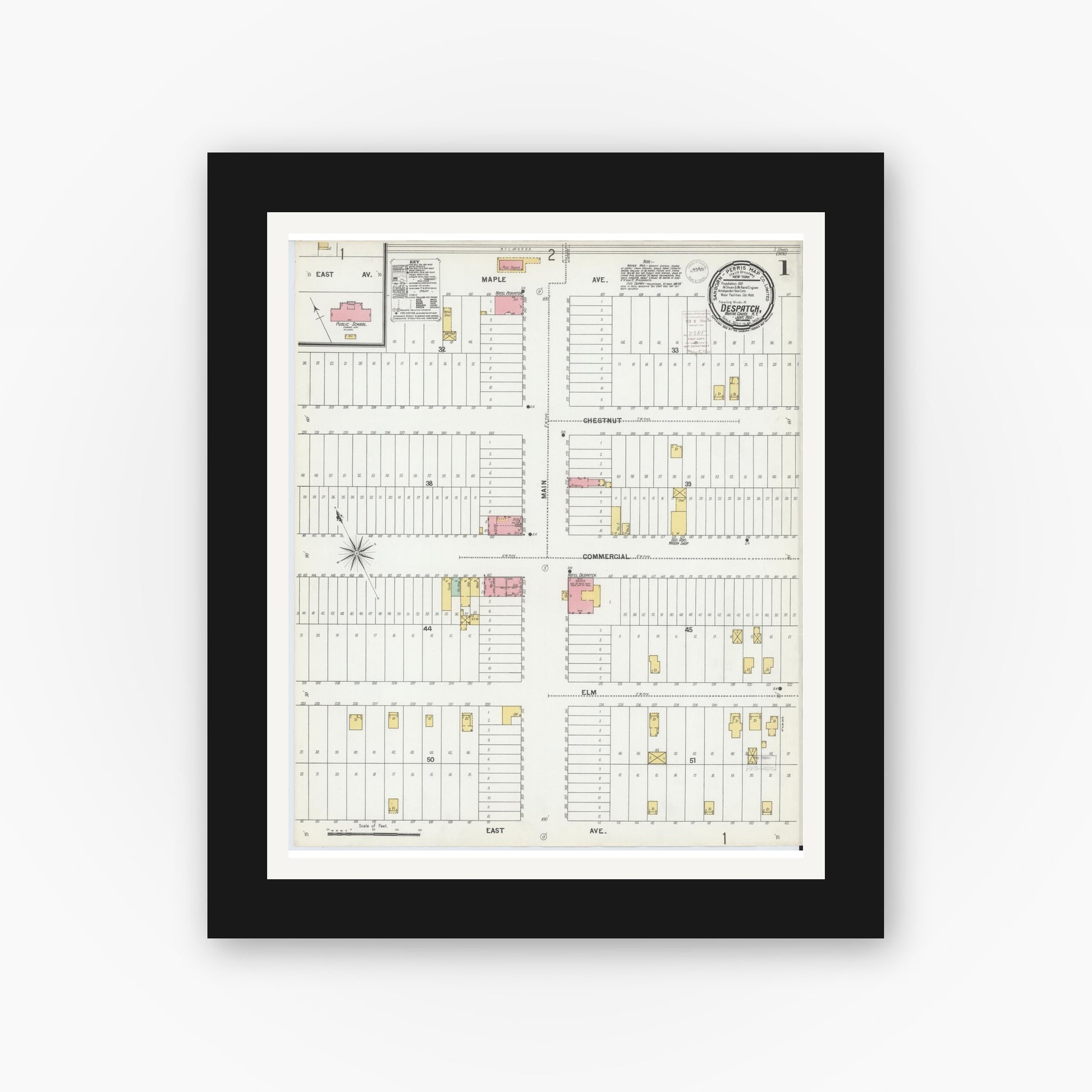Old map wall art mockup — black gallery frame with white mat — Sanborn Fire Insurance Map from Despatch, Monroe County, New York (1900) - Complete Map Set
