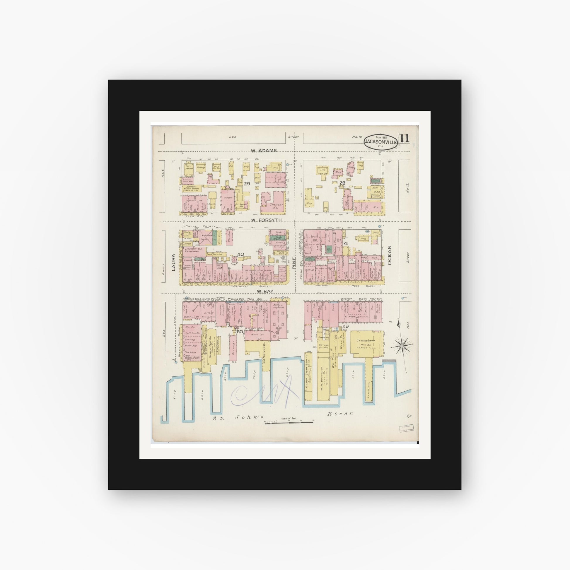 Old map wall art mockup — black gallery frame with white mat — Sanborn Fire Insurance Map from Jacksonville, Duval County, Florida (1887), Sheet #0011