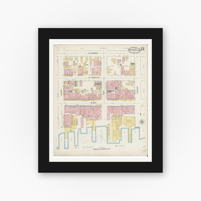 Old map wall art mockup — black gallery frame with white mat — Sanborn Fire Insurance Map from Jacksonville, Duval County, Florida (1887), Sheet #0011